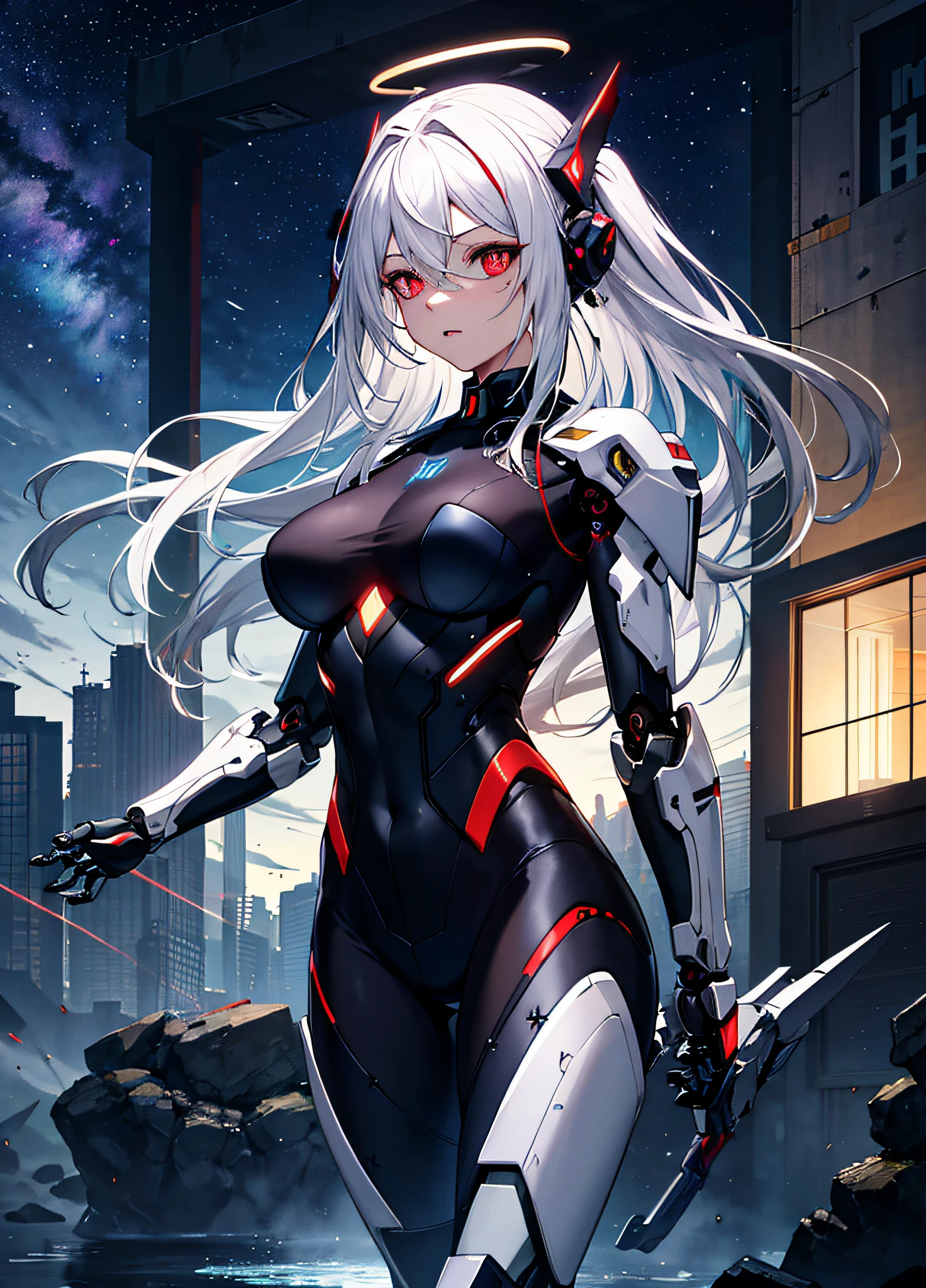 masterpiece,best quality,ultra-detailed,very detailed illustrations,extremely detailed,intricate details,highres,super complex details,extremely detailed 8k cg wallpaper,cowboy shot, caustics,reflection,ray tracing,demontheme,nebula,dark aura,cyber effect, (1girl:1.4),solo,alone,mecha musume,mechanical parts, robot joints,single mechanical arm, headgear, mechanical halo,star halo,intricate mechanical bodysuit, mecha corset, kimono, full armor, very long hair,white hair, hair between eyes, multicolored hair, colored inner hair, red eyes,glowing eye,eye trail, random expressions,random action, ancient japanese architecture,pond, starry sky,skyline,