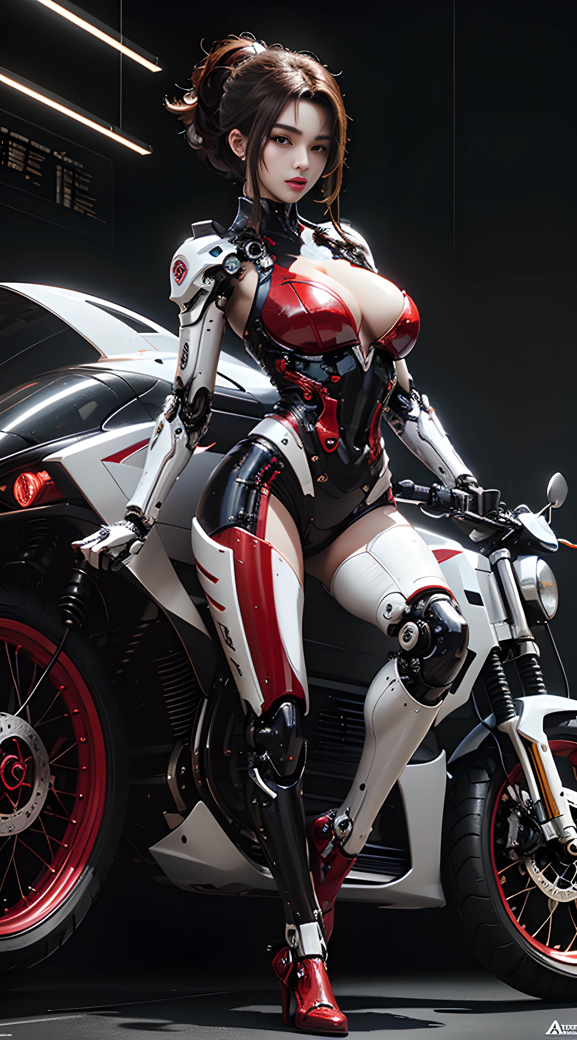 Highest quality, outstanding details, super high resolution, (fidelity: 1.4), best illustration, favor details, close-up, a mecha girl, with a delicate and beautiful face, ((red and white semi-mechanical body: 1.8)), (big breasts: 1.2), sexy, riding on a motorcycle, cyberpunk, futuristic, mechanical aesthetics, complex machinery, background is a high-tech lighting scene of the future city, virtual engine 5, perfect detail rendering, octane rendering, ultra high-definition, full body