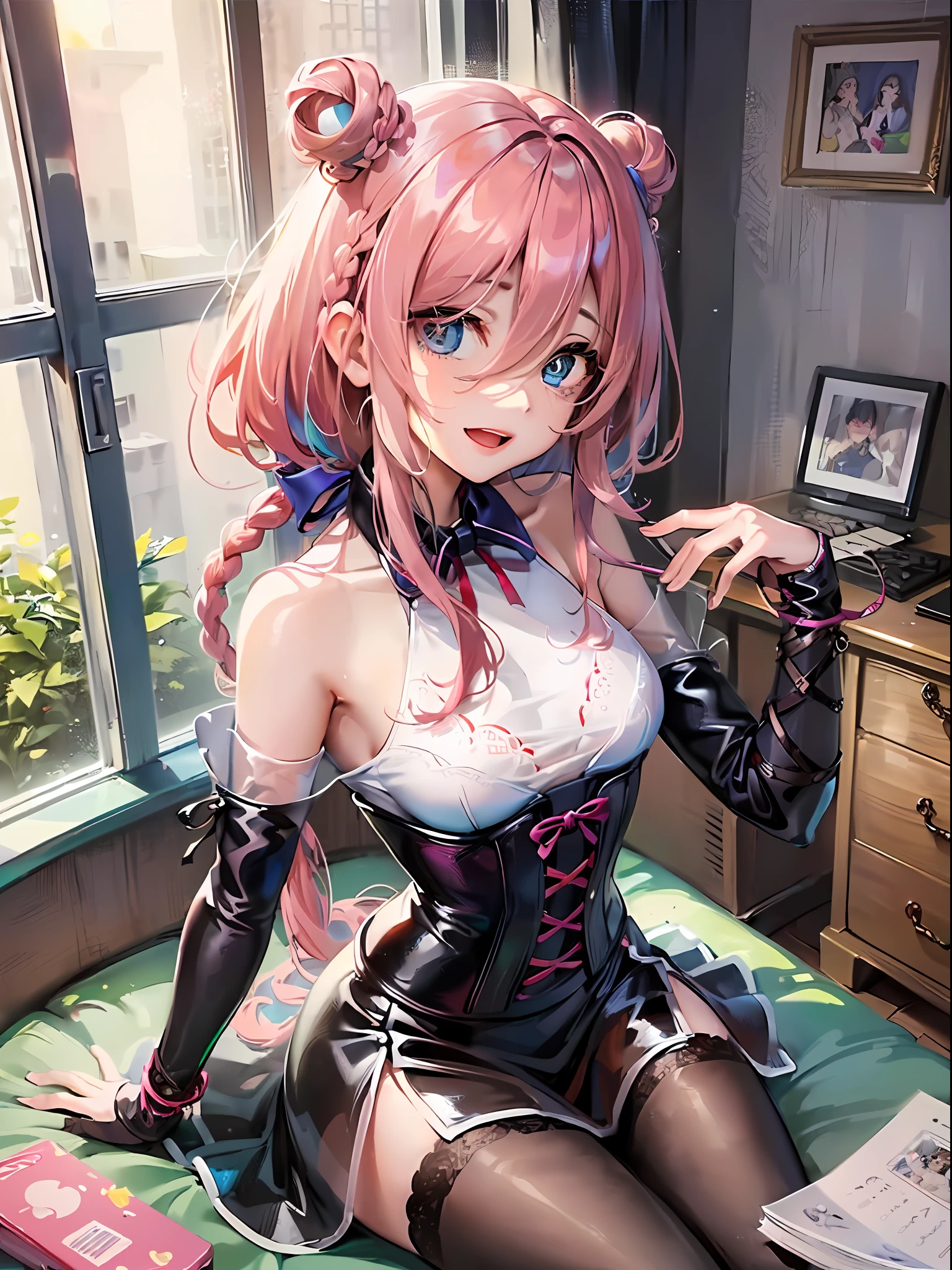 Anime illustrations in the style of "Kyoto Animation", highest quality, (cute: 1.1), (cute), (high resolution: 1.2), incredibly ridiculous: 1.3, incredibly fine illustrations, break 1 beautiful girl, Solo,Small Horns, Short Hair, Big Eyes, Ω, Closed Mouth, Colorful and Bold Corset Mini Dress:1.5,Cute Bikini,String Buns,(Pink Kawaii Room),(Pink Gothic Room),(Messy Room, Marchen,Ribbon,Star Item,Small Window, (heterochromia, light blue eyes and light green eyes), star eye silhouette, solo, standing figure, happy, :d, princess eyes, big breasts, break, braid, light pink hair, semi-long hair, red ribbon at the end of braid, sitting at desk, side angle, looking at pc, looking at iphone, office, worried