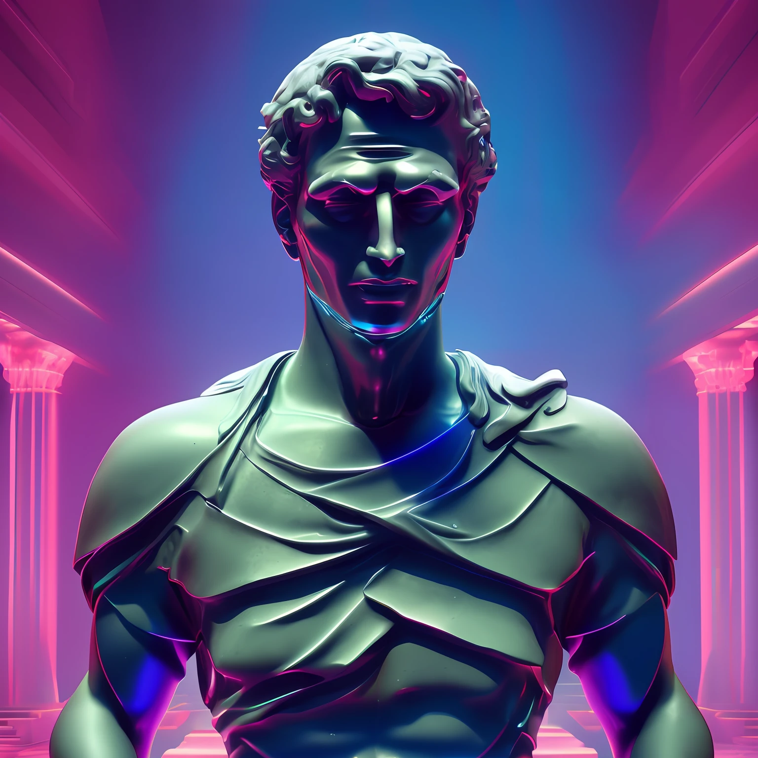 a close up of a statue with lines coming out of it, by Mike Winkelmann, holography, vaporwave!, octane render, greek god, blind, neon roman, stoic attitude