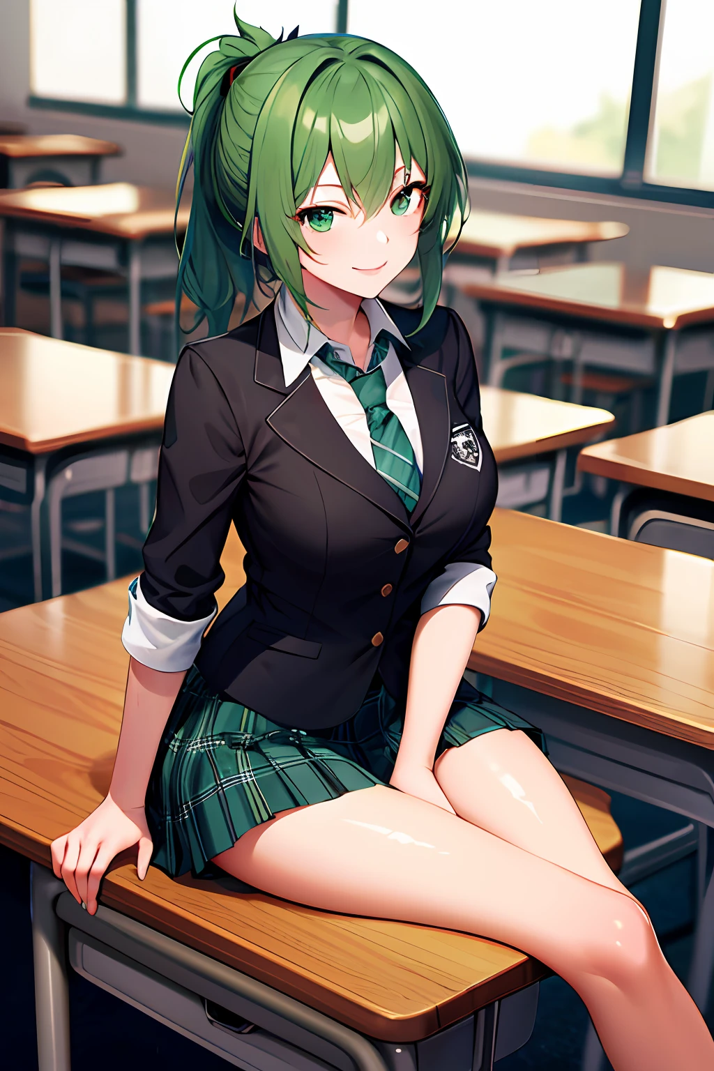 Masterpiece, Top Quality, Hi-Res, Adult Woman, One, Solo, School Uniform, Plaid Mini Skirt, Pleated Mini Skirt, Tie, Evil Smile, Evil Smile, Evil Plan, Green Hair, Folded Ponytail, Green Eyes, Tao Jun, Classroom