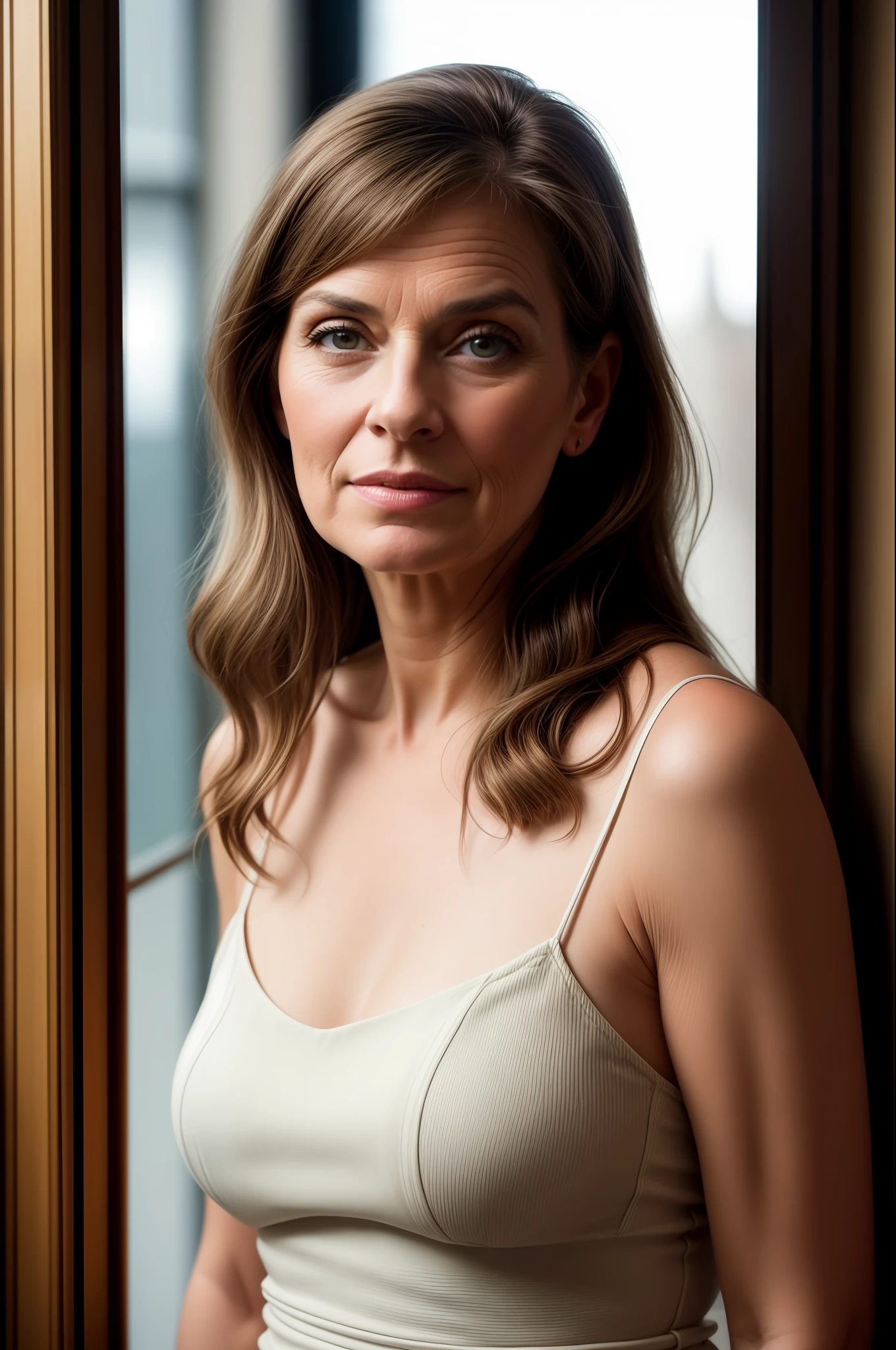 A portrait photograph of a beautiful ((50 years)) woman, award-winning photo, best quality, portrait by Annie Leibovitz, Canon 5D Mark II, film, professional photography, (rich colors:1.1), hyper realistic, realistic texture, (natural lighting: 1.1), (Canon EF 85mm f/1.4L IS USM), full body