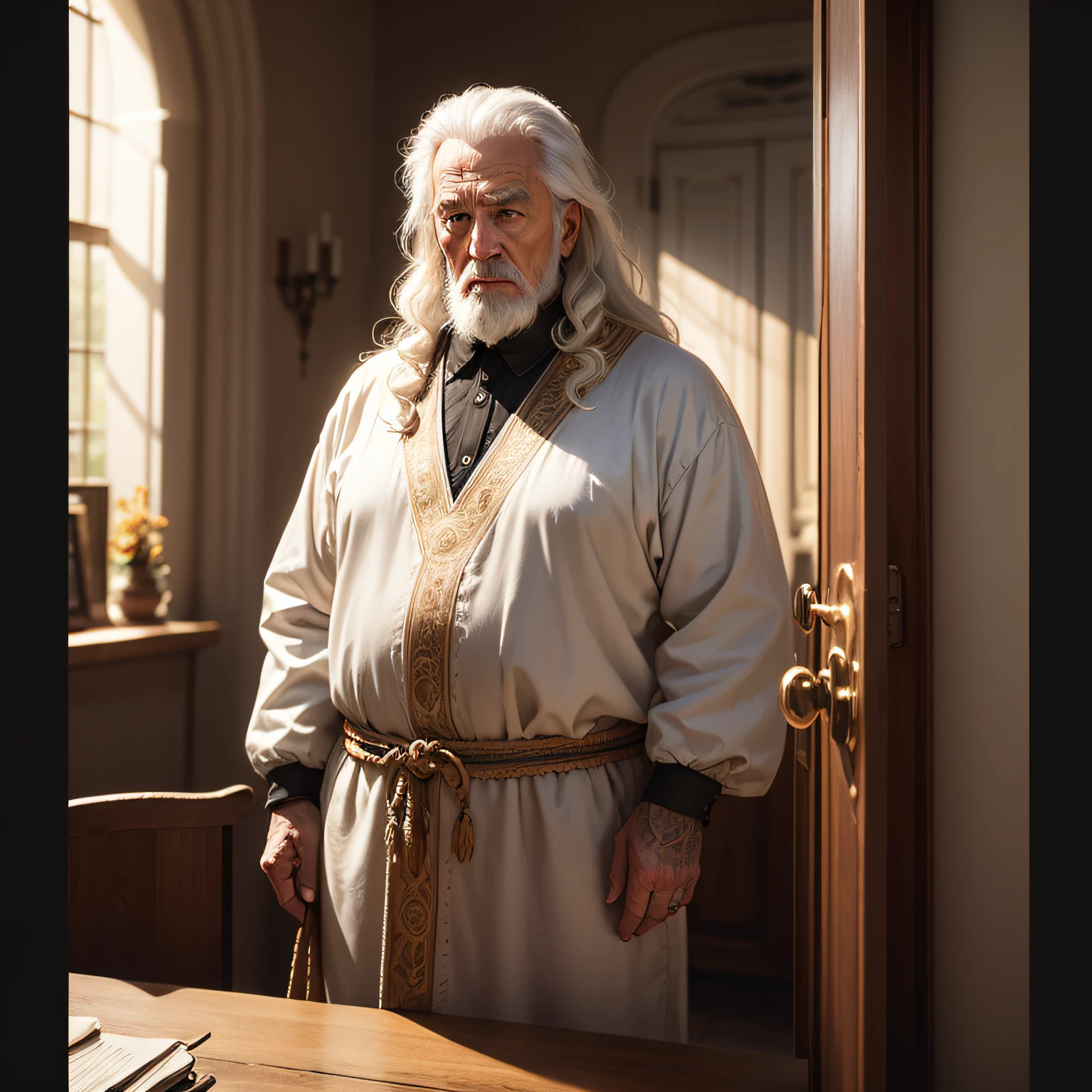 Old man of the time before Christ with white curly hair with well-marked features and wise posture --auto