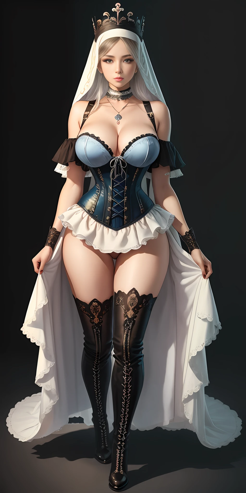 [black:aqua:0.65] theme, masterpiece, masterpiece of a girl, detailed visual art, blue eyes, silver hair, long hair, collarbone, queen, mature, elegant, gorgeous nun dress, corset piercing, detailed layered skirt, [detailed frills: 0.1], [frilled dress: 0.1], embroidery, [detail skirt: 0.1], off-the-shoulders, exposed, big breasts: 1.3, open crotch, thigh seam, groin, no panties, high heeled over-the-knee boots, [NSFW|uncensored], (simple background: 1.1), low wing, full body