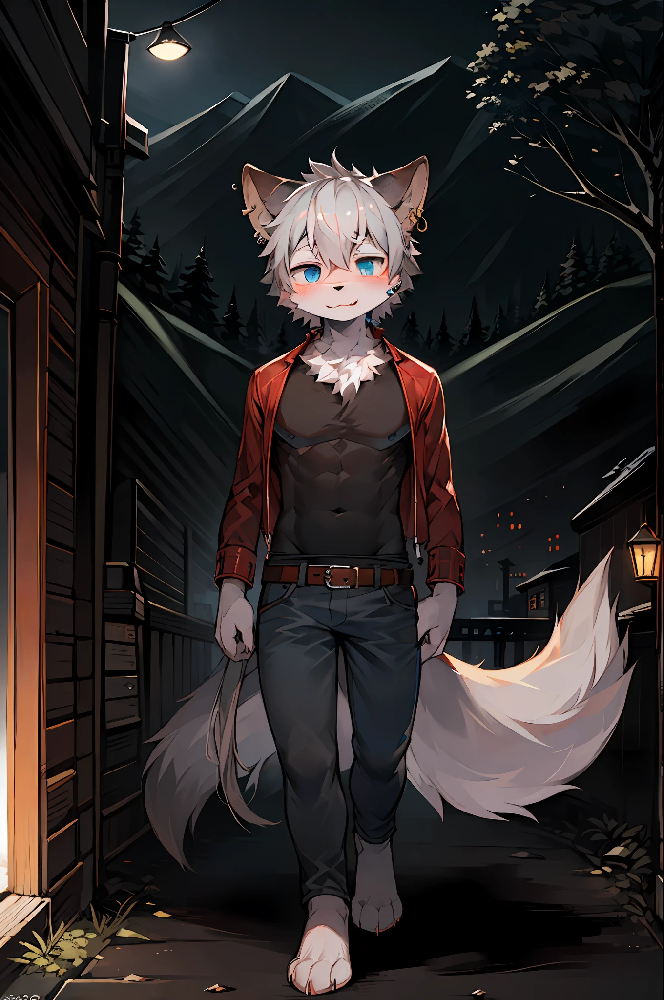 (Dark Environment: 0.8), Masterpiece, High Quality, Abstract Res, Digital Painting\(artwork\), by Dagasi, Yupa, Kiyosan, (Anthro, Fluffy Fur, Character Focus: 1.1), Anthro Male Cat, Short Hair, Portrait , bright eyes, panorama, character focus. (Detailed background: 0.7), Solo, Furry, Hairy Male, Male Focus, Anthr, (Full body fur, Fluffy tail, Gray fur, Blue eyes, Gray hair: 1.2), (Long canine, unilateral earrings, tight-fitting tops, jeans, belt, tattoos: 1.2), (Exterior, Night, Forest, Mountain: 1.1)