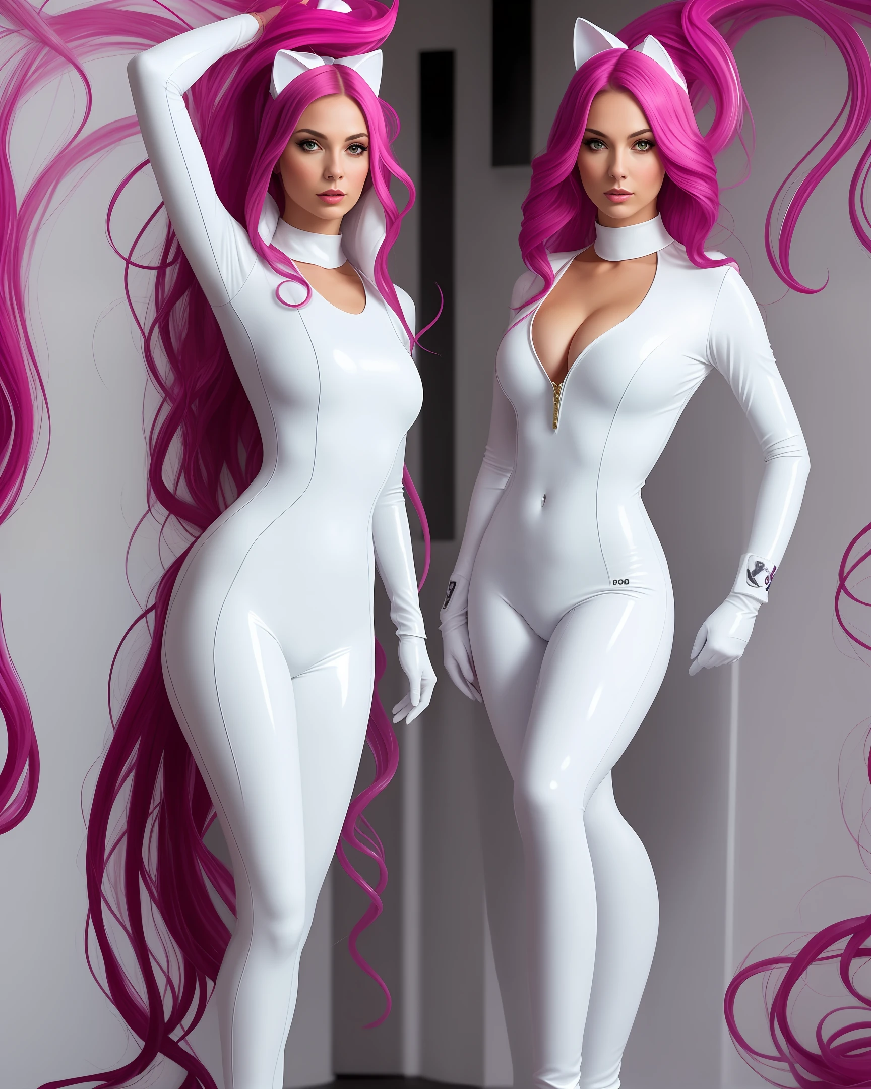 "Create an image of a tall, slender, white woman. She is wearing a live latex suit with tentacles, which resembles a cat. The outfit has a plug with a tail, complementing the look. Bring this scene to life with your imagination and paint it with vibrant colors."