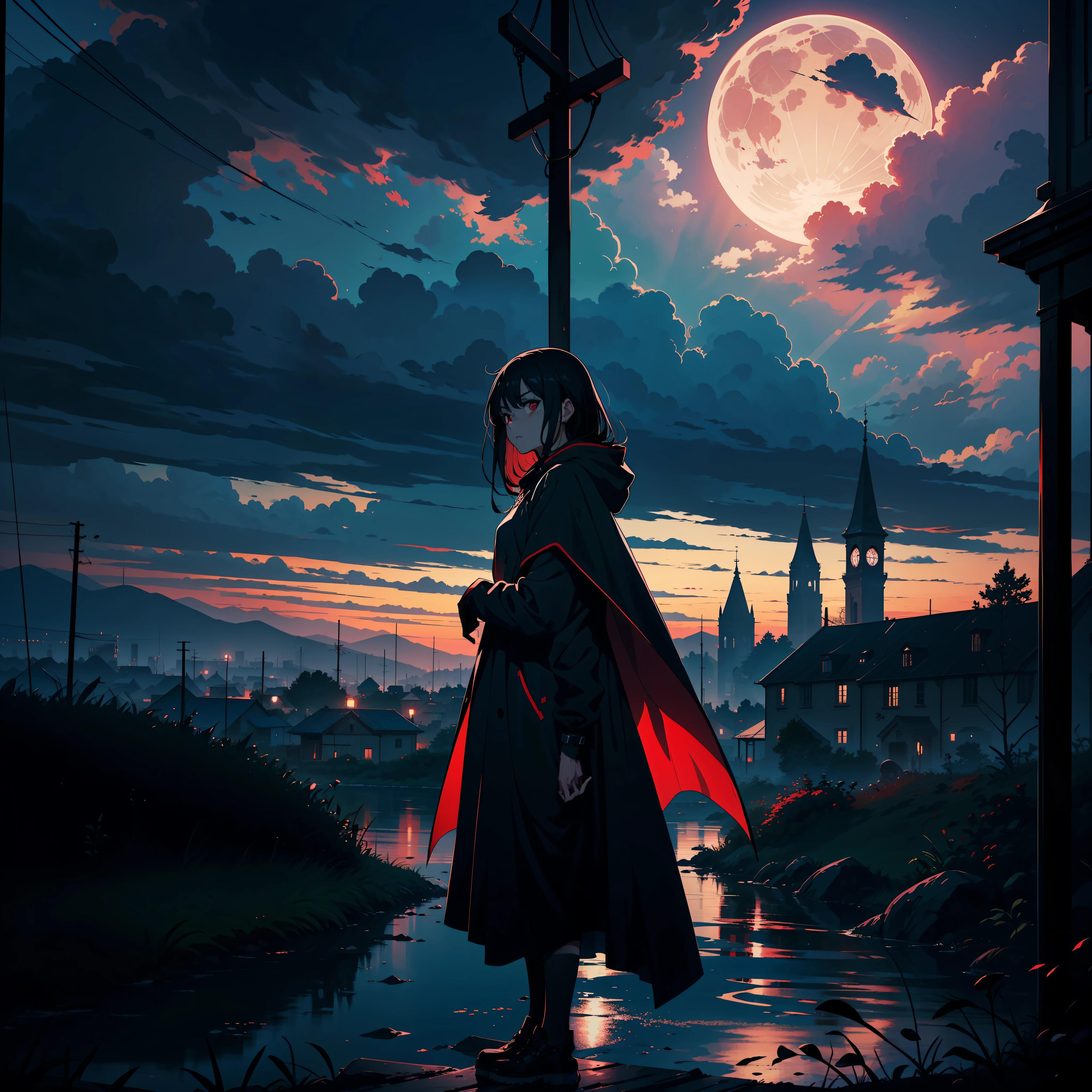 cinematic dark lighting manga anime focused on the look, landscape 1 girl standing on top of the medieval church, bell, looking at the city, hands holding two swords, murderous pose, light coming in focused on the face, dark night, big moon behind the landscape, weather nocturnal, flying hair, masterpiece, (red eyes: 1.5),(long flowing dark black hair loose 1.5), anime, menacing gaze, menacing eyes, perception of blood, light, teenage woman, scar on face, clothes glued to body ,hood,sky bracelet,gray cape with cross insignia,pose with open arms,anime colors