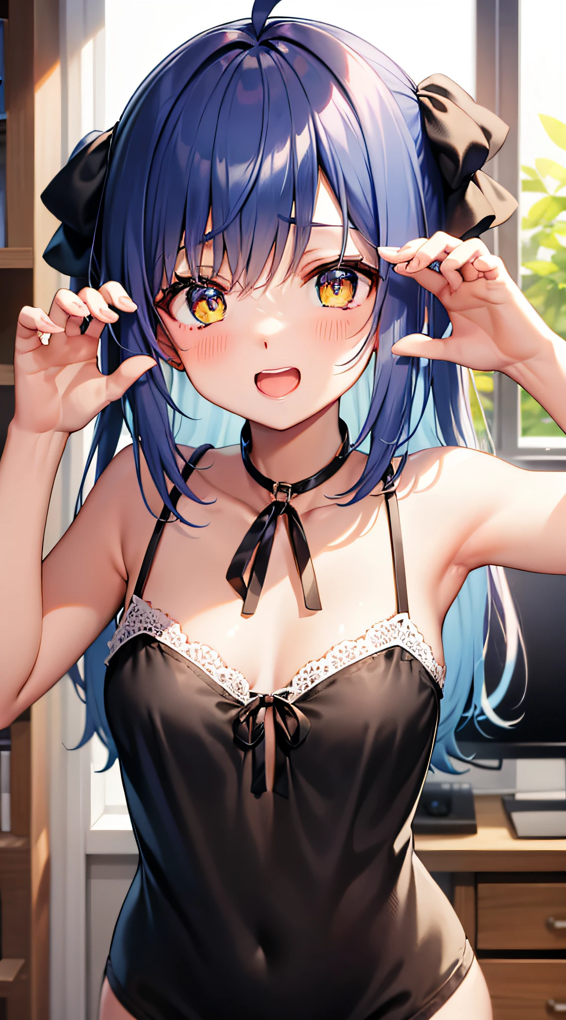 Masterpiece, best quality, HDTV, detail clothes, solo 、、、、、 upper body shooting, cute pose, (LOLI: 1.3), in the house, posing upright, blue hair, yellow eyes, ahoge, lighting, 、、、 from the front, rough breath, confident smile, ribbon around the neck, (summer clothes),,