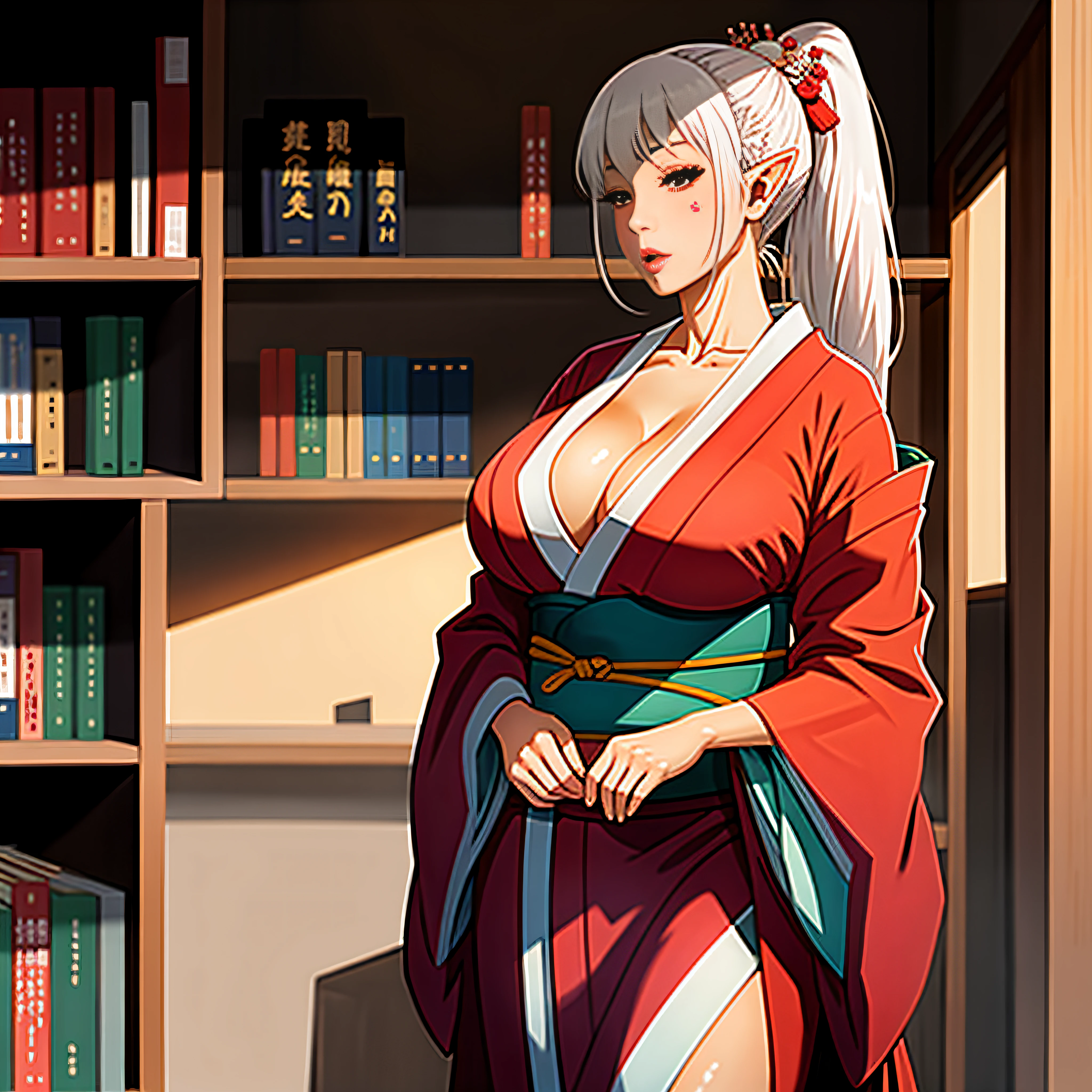 (masterpiece: 1.2, best quality), anime, (real image, intricate details, depth of field), (1girl, solo), perfect eyes, perfect face, perfect hands, perfect lighting, makeup, half-open lips, elf, elven ears, highly detailed, perfect face, (huge breasts: 1.4), (skindentation), thick thighs, wide hips, thin waist, high, bright coral lips, white hair, red eyes, big ponytail, (A girl,  Japanese kimono,), sexy, blushing, library shelf in the background