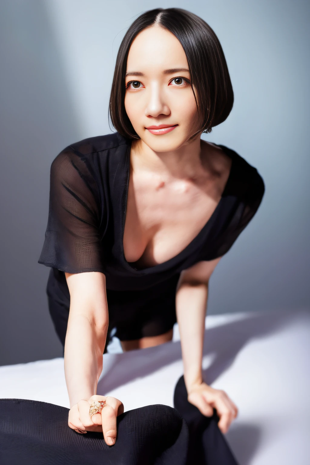 ((riding a bike)), (wearing a low cut top), loose shirt, no panties, no bra, wet and shiny skin, very small breasts, ((small breasts: 1.4)), (small bust), adult woman of 20 years old, Japan idol with dark eyes and black hair, very detailed eyes and face, sweaty décolleté, KPOP idol, short bob cut, full body, single girl, detail, real, smile, light smile, long eyelashes, sideways, outdoor, detail, real, morning, natural light, low angle, blurred background, UHD:1.2), (best quality, masterpiece: 1.3)), clear focus: 1.2, (realistic, photorealistic: 1.37), (complex detail: 1.4), from below, high detail, textured skin, 8K