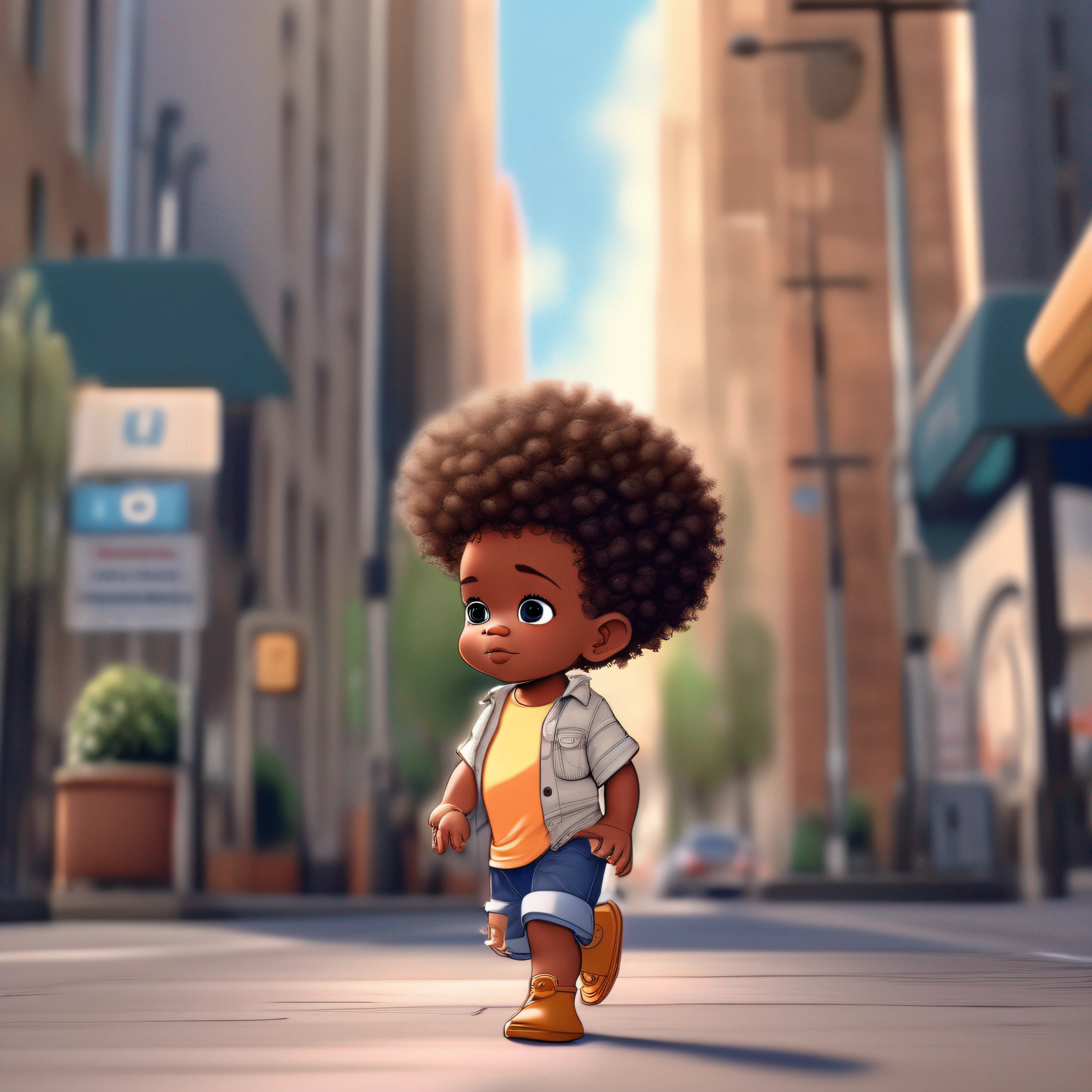 Chibi a 9 month old afro baby walking on a city street, clean photo, best quality, pixar style, curly hair, 8k, wearing summer clothes, T-shirt and jeans