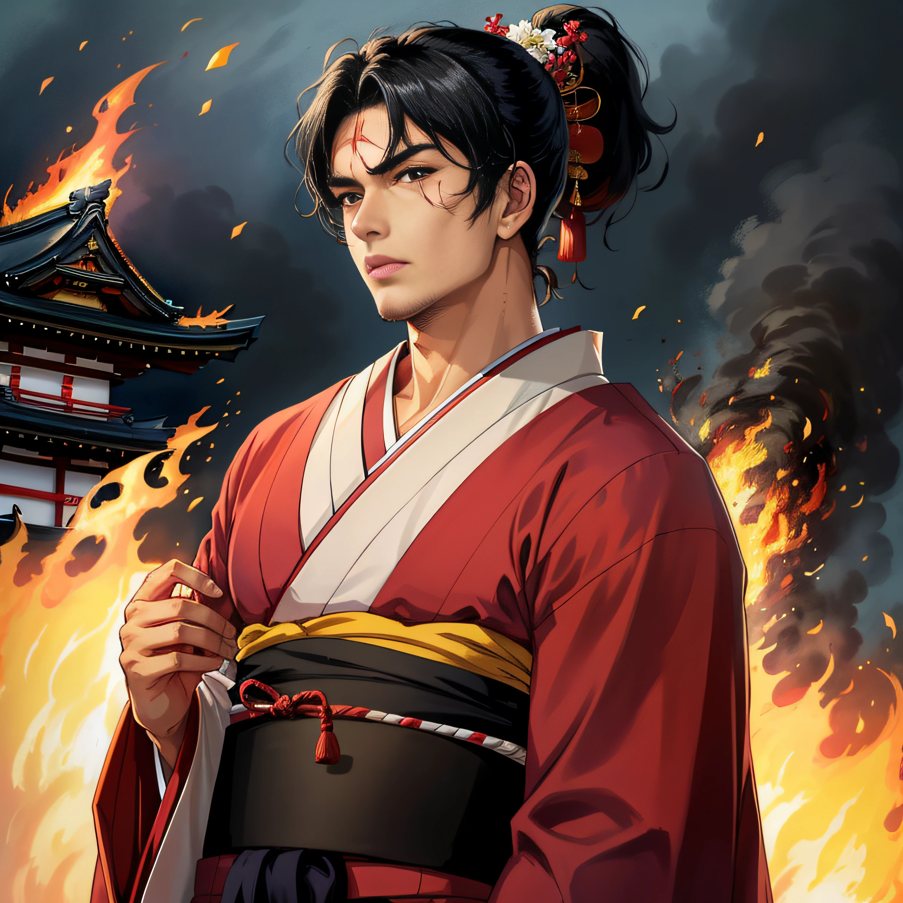 (masterpiece: 1.2, best quality), anime, (anime image, intricate details, depth of field), (1boy, solo), perfect eyes, perfect face, perfect hands, (perfect hands: 1.4), perfect lighting, makeup, lips parted, human, highly detailed, perfect face, (huge muscles: 1.4), (skindentation), tanned skin, marks, scars on the face, muscular, broad shoulders, arm muscles, black hair, (black hair: 1.4), red eyes,  (bright red eyes: 1.2), big ponytail, (A boy, Japanese kimono, black kimono, hands behind his back), Xavante Indian, manly, burning castle in the background.