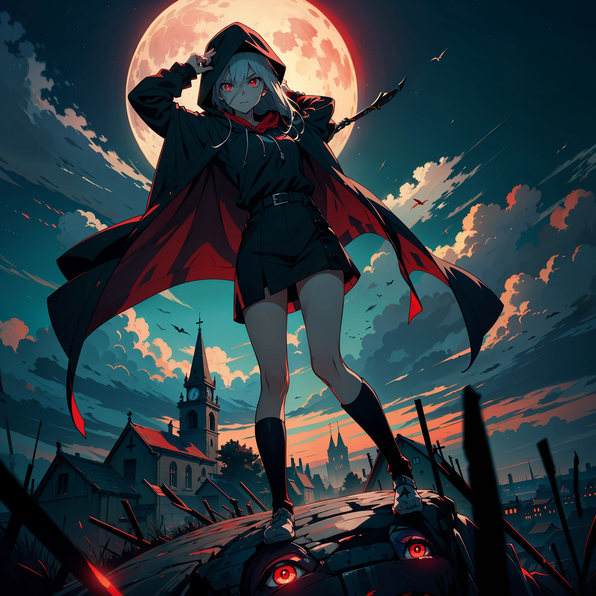 cinematic dark lighting manga anime focused on the look, landscape 1 girl standing on top of the medieval church, bell, looking at the city, hands holding two swords, murderous pose, light coming in focused on the face, dark night, big moon behind the landscape, weather night, hair flying, masterpiece, (red eyes:1.5),(long dark black flowing hair loose 1.5), anime,oval face, menacing gaze, menacing eyes, blood perception, light, teenage woman, scar on face, clothes glued to the body, hood, sky bracelet, gray cape with cross insignia, pose with open arms, anime colors