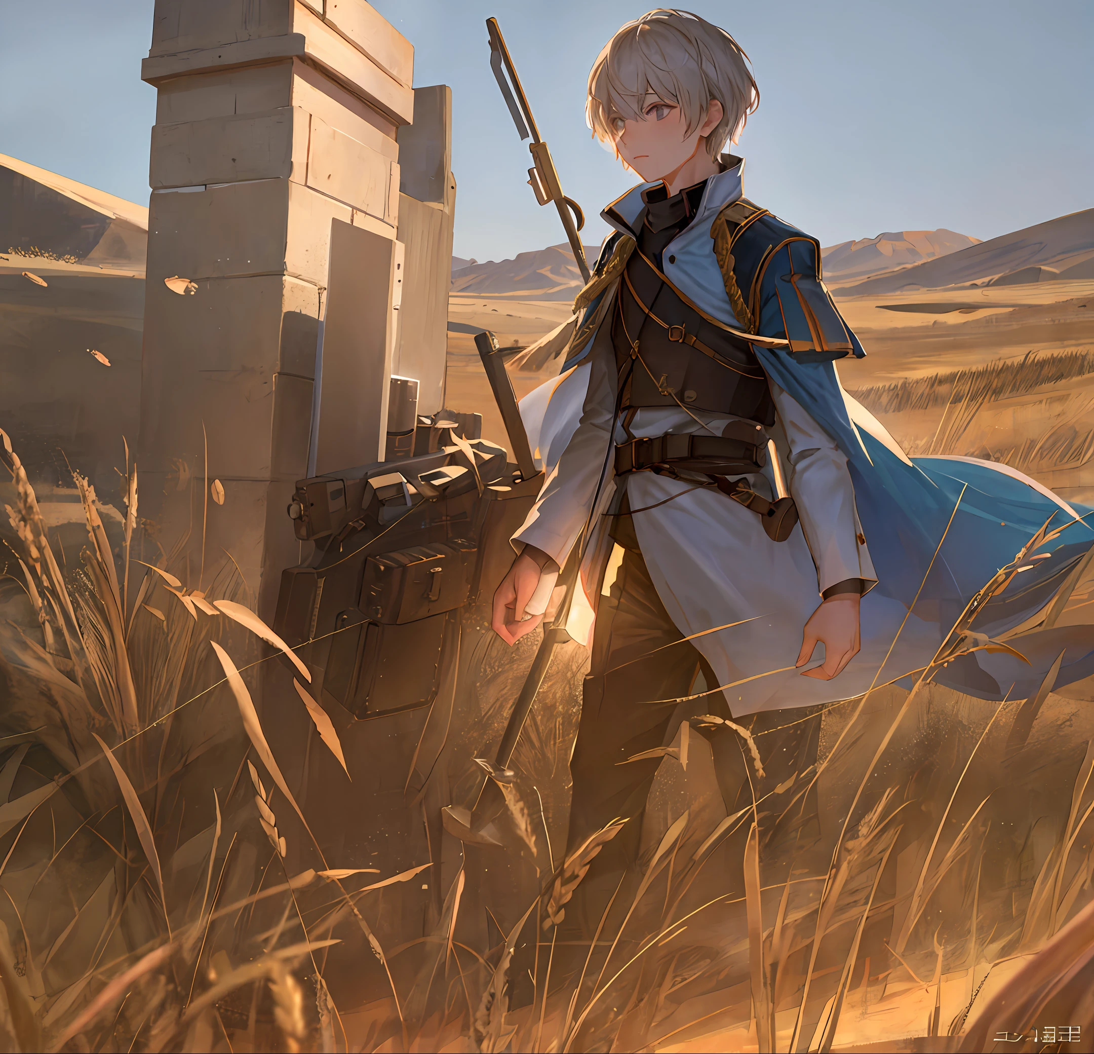 A man half-kneeling on the ground, holding a large sword, stuck in the ground, the ground cracked, produced a detonation, and a huge magic array erupted behind him, up to the sky, down to the man's back