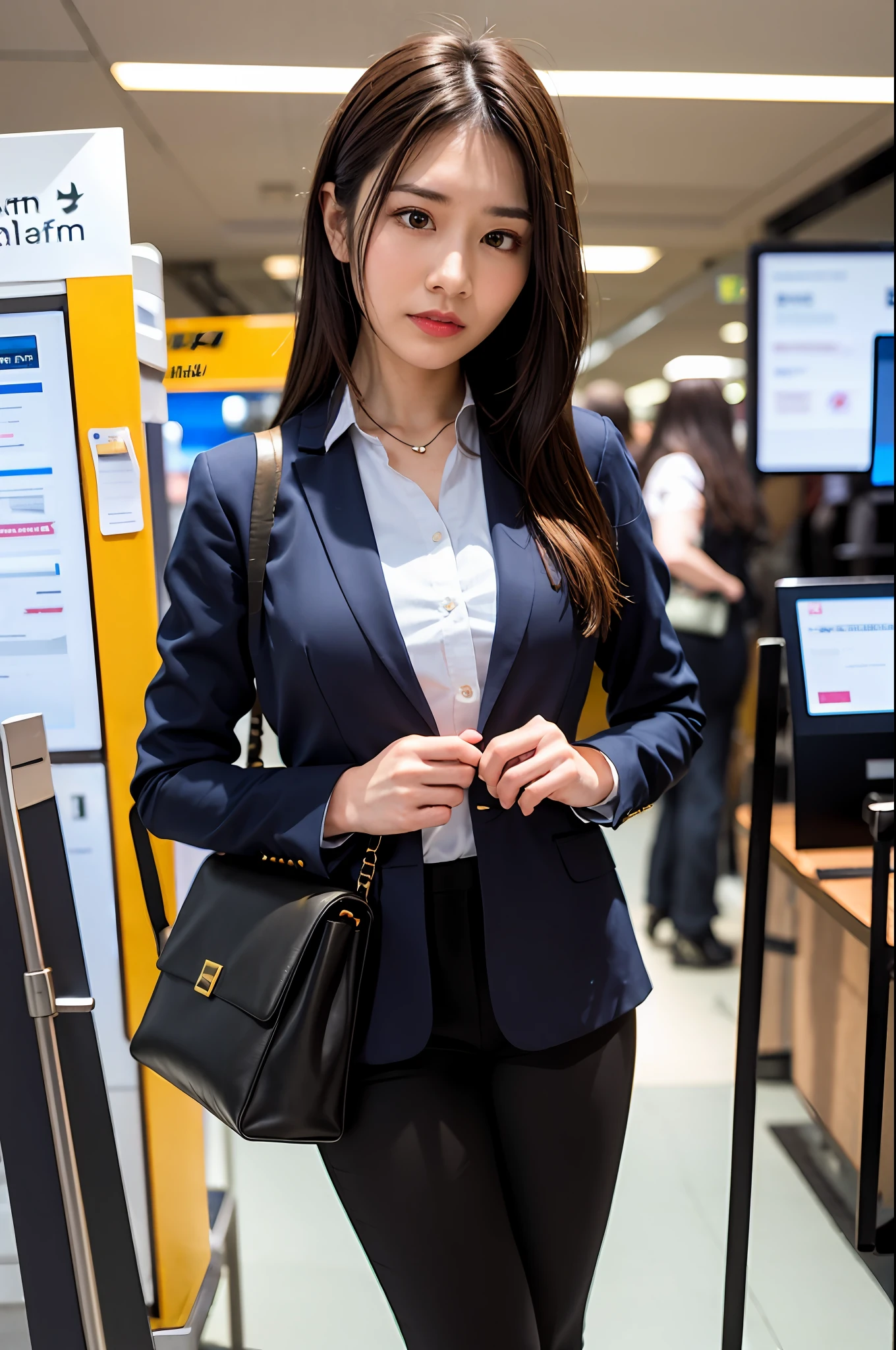 Nikon RAW Photography, 8k, Fujifilm XT3, Masterpiece, Top Quality, Realistic, Photorealistic, Ultra Detail, 1 Girl, Solo,
portrait close-up,
New graduate, long straight black hair, hazel eyes, serious expression, suit, full body, end of work, junior at the company, black pants, employee ID from the neck, station ticket gate, night, holding a bag in hand, how is it after this? , from face to waist