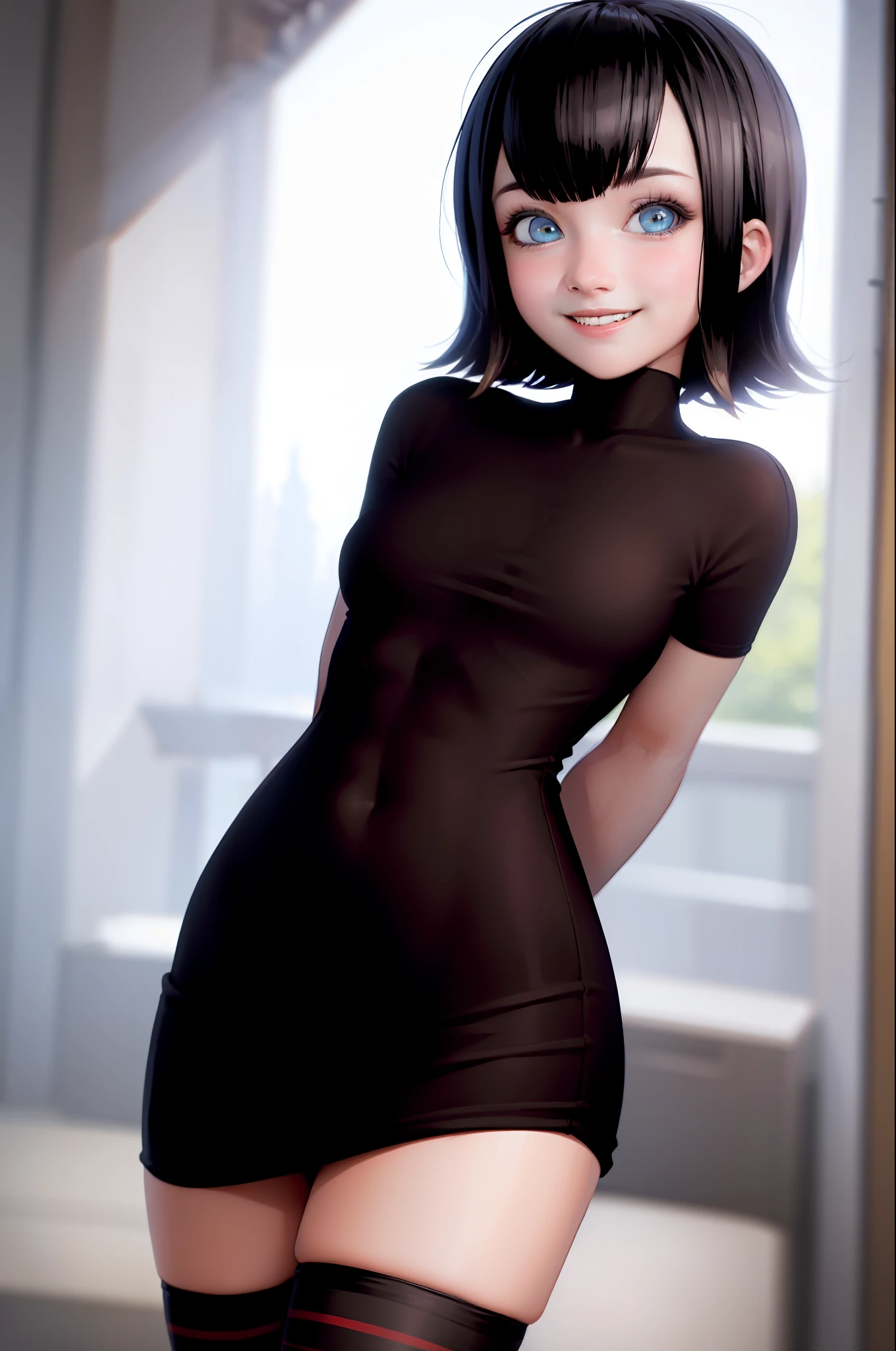 (masterpiece, best quality:1.2), cowboy shot, solo, 1girl, mavis dracula, smile, looking at viewer, arms behind back, black dress, striped thighhighs