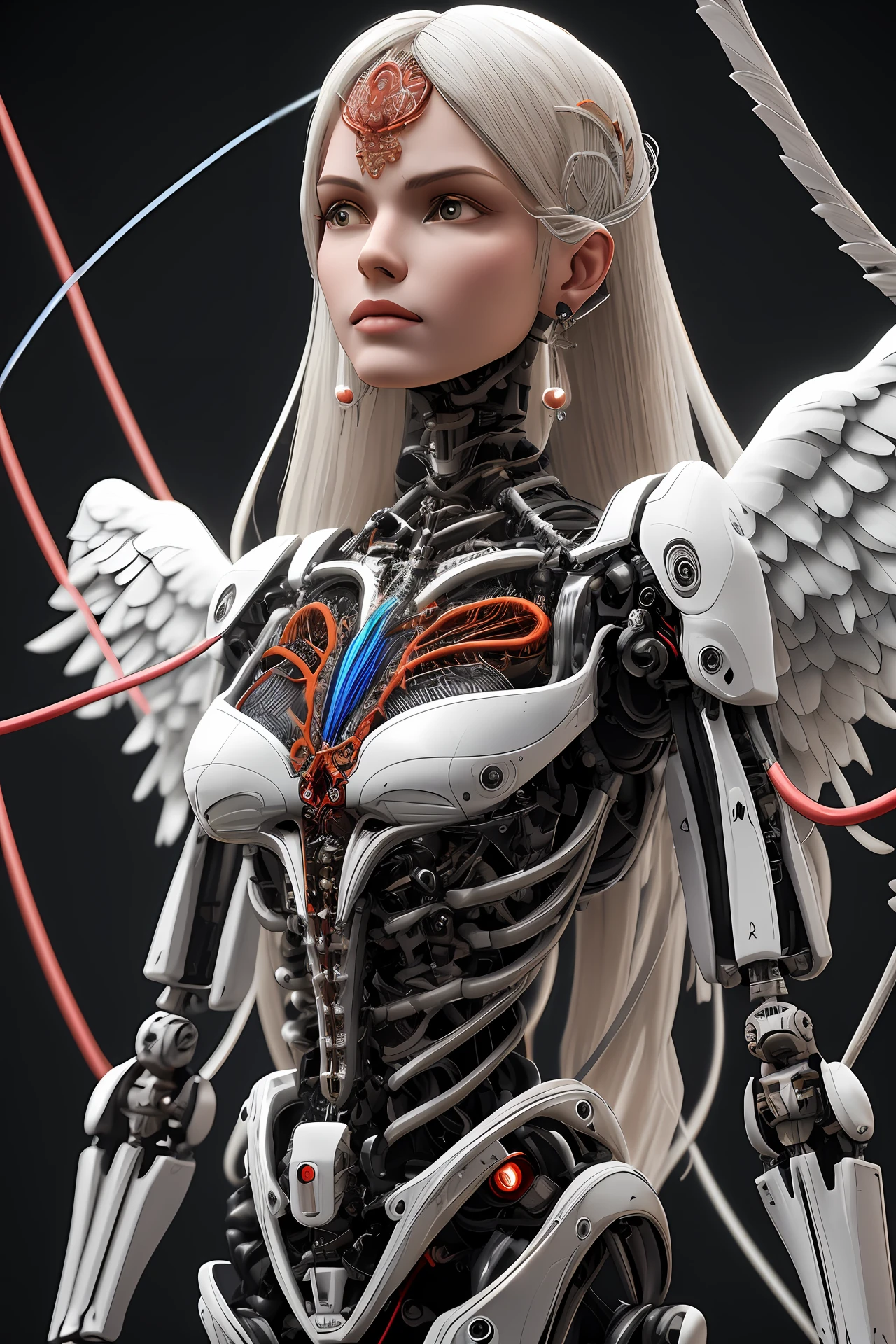 Intricate 3d rendering ultra-detailed beautiful angel, biomechanical robot, simulated 150mm shot, beautiful natural soft edge light, neon veins, roots, delicate leaf lace, colorful details, Boris Bidjan Saberi clothing, pearl earrings, piercings, Art Nouveau fashion embroidery, intricate details, mesh thread, mandelbro fractal, facial muscles, cable wire, microchip, badass, surreal, ultra-detailed, octane rendering, volumetric lighting, 8k Post-production, red and white with a touch of black, metallic skeleton details, half-human, iridescent colors, Glenn Brown style, futuristic rooms, power of God, high angle shooting, complex body poses