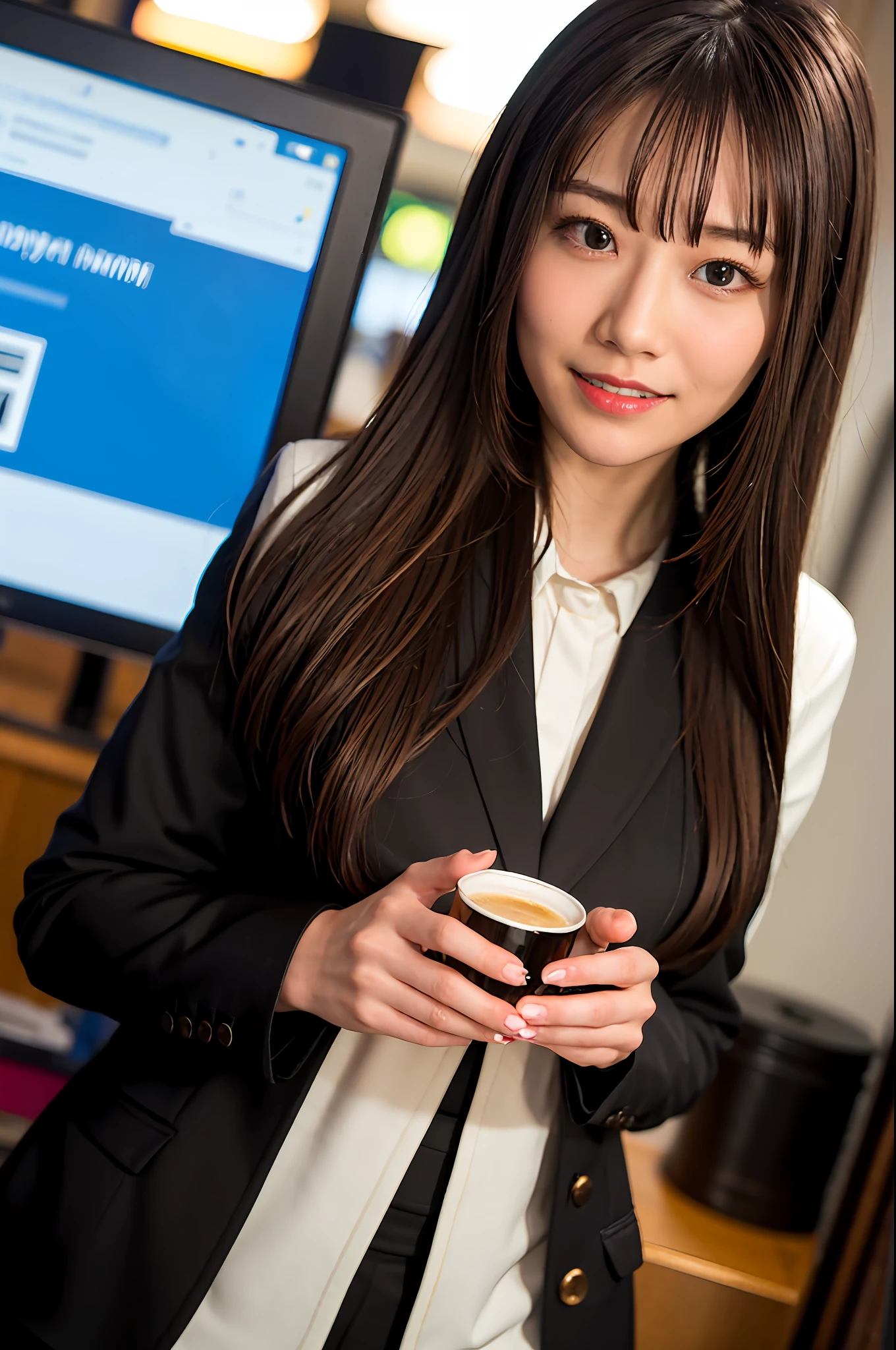 Nikon RAW Photography, 8k, Fujifilm XT3, Masterpiece, Top Quality, Realistic, Photorealistic, Ultra Detail, 1 Girl, Solo,
portrait close-up,
New graduate, long straight black hair, hazel eyes, smile, black blazer, white blouse with buttons open to the chest, full body, end of work, junior at work, black pants, employee ID from neck, station ticket gate, night, end of drinking party, why don't you go to another house?
