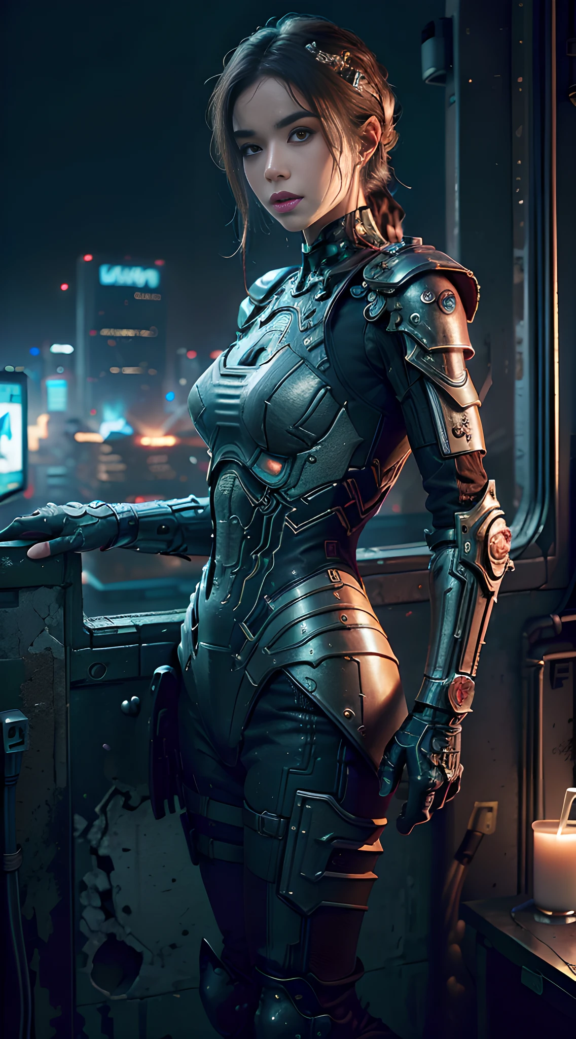 wearing cyberpunk armor post-apocalyptic ruins, kkw-ph1, (photorealistic:1.4) hyperdetailed, hyperrealism, ((best quality)), ((masterpiece)), (detailed), 8k uhd, Canon EOS 5D Mark IV, f/2.8, 1/25sec, Canon EF 50mm