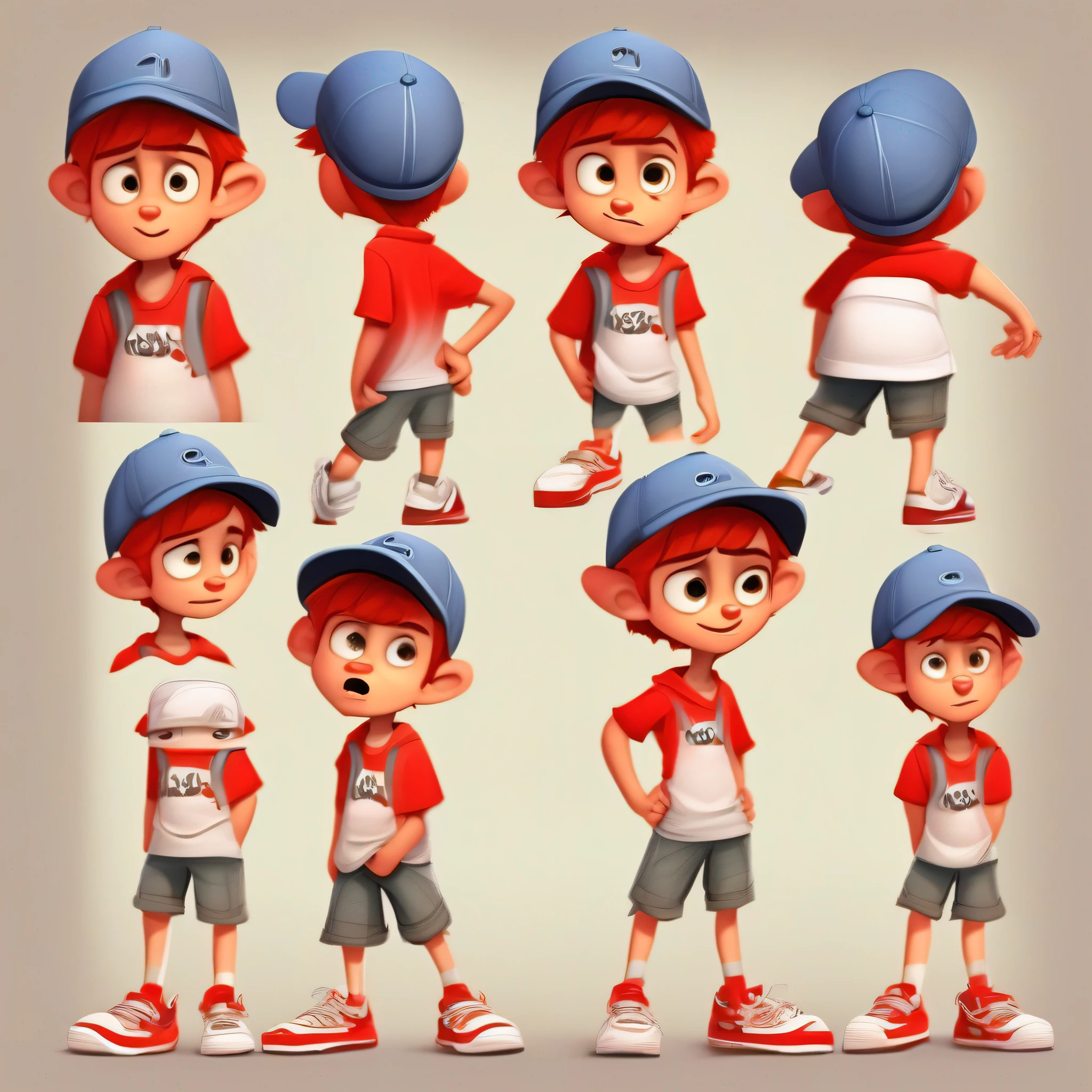 maxi a cartoon character from children's book, boy 12 years old, shorts, snneaker sneakers, baggy shirt, red cap, multiple poses and expressions, pixar art style, --auto