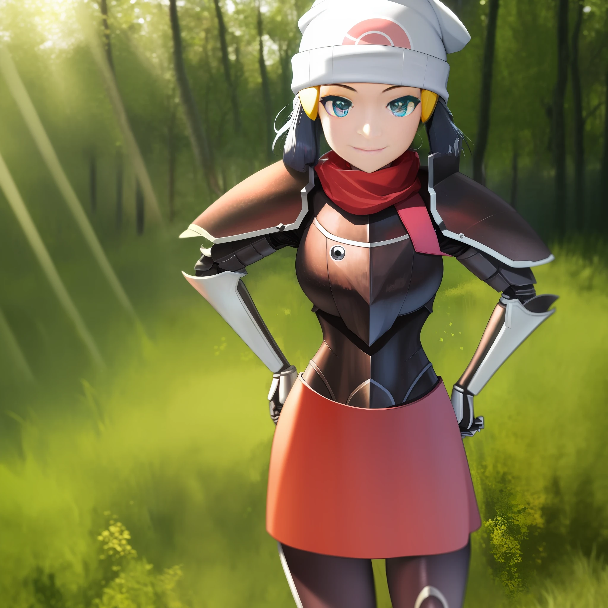 Female wearing heavy plate armor with red heart on her chest, cowboy pose, hands resting on hips, heavy cyber armor, mechsuit, heavy plate armor, Heavy megamanX armor, scarf, cybernetic gloves, cybernetic thighs, heavy armored torso, heavy armored arms and legs, heavy armored skirt, cyber skirt, knight armor, cyber knight armor, heavy armor, large armor