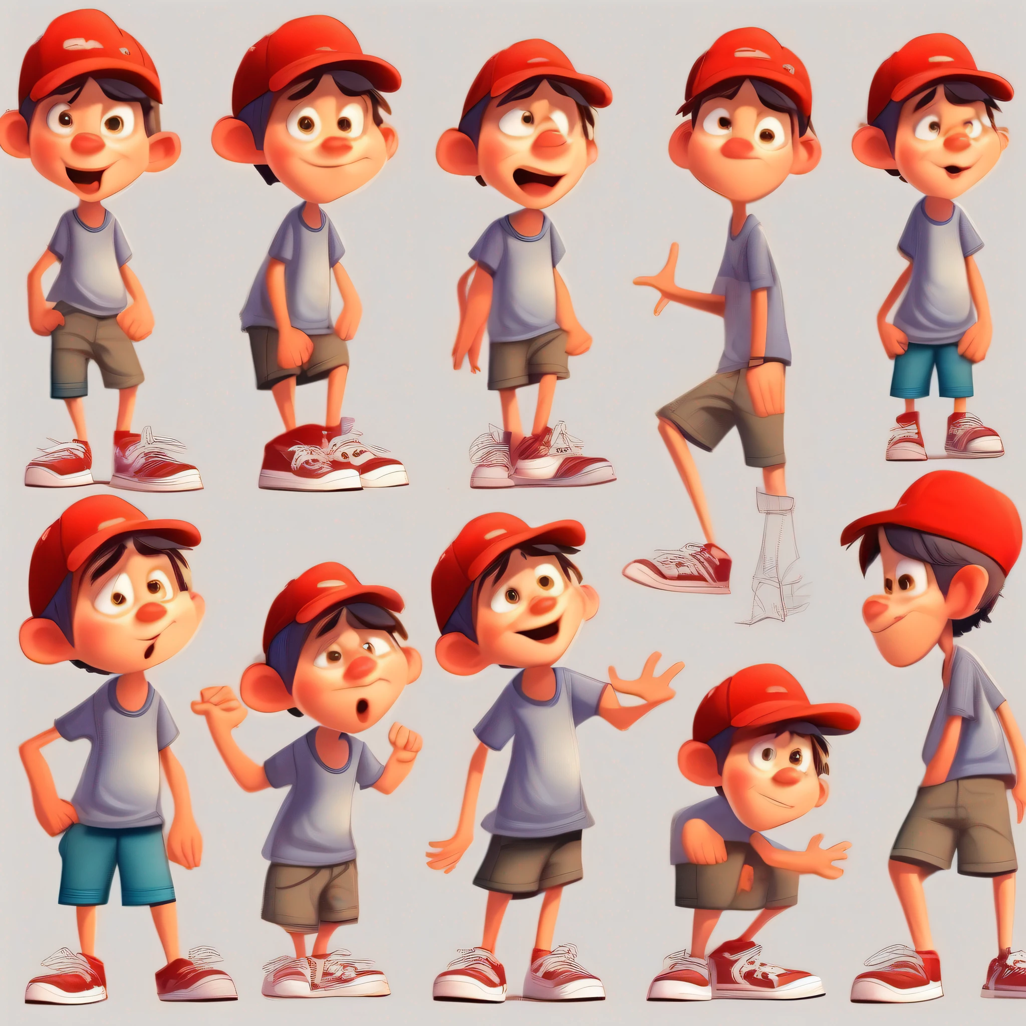 maxi a cartoon character from children's book, boy 12 years old, shorts, snneaker sneakers, baggy shirt, red cap, multiple poses and expressions, pixar art style, --auto