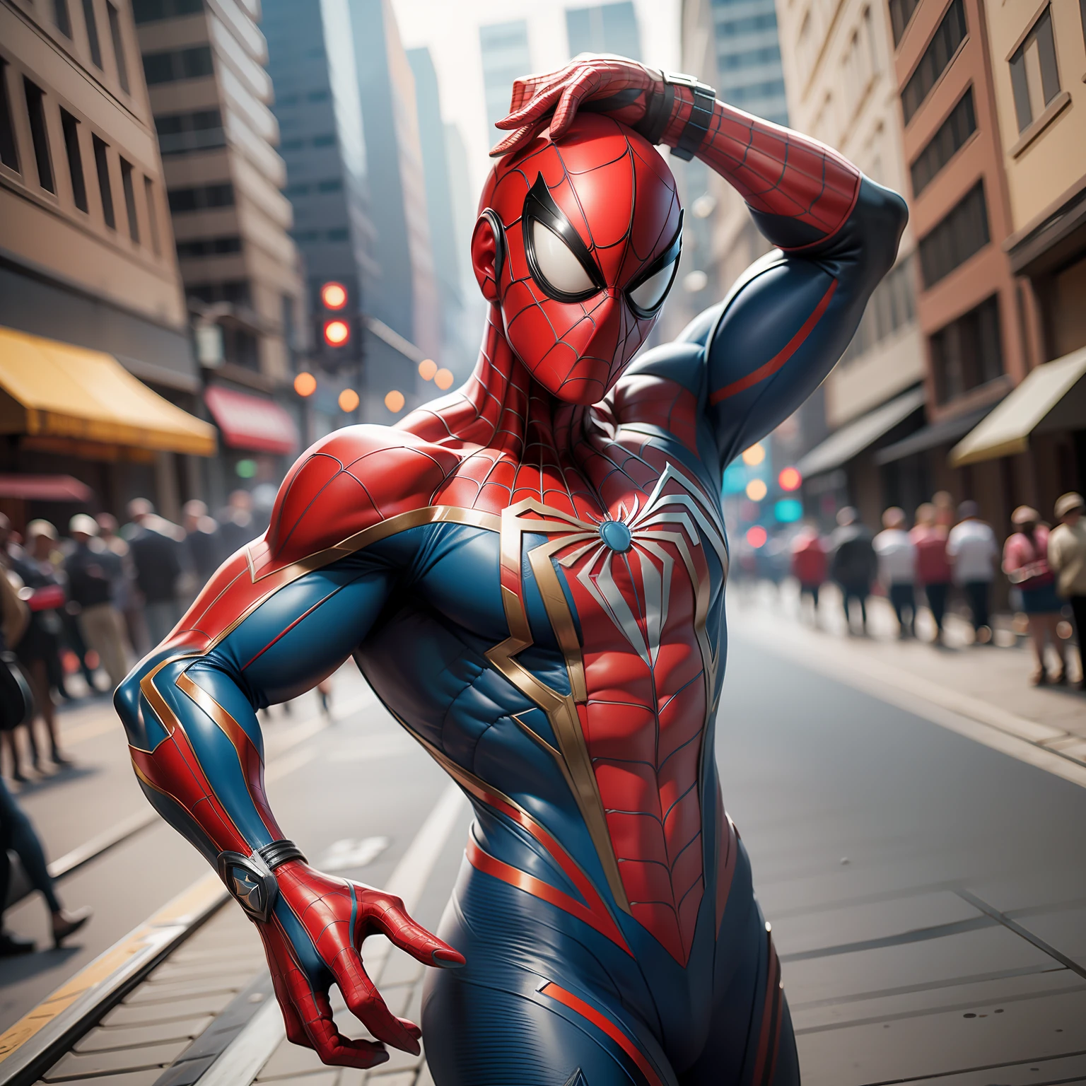 Marvel spiderman in blue coat, in a town late evening, loosening web, best quality, realistic, UHD, portrait