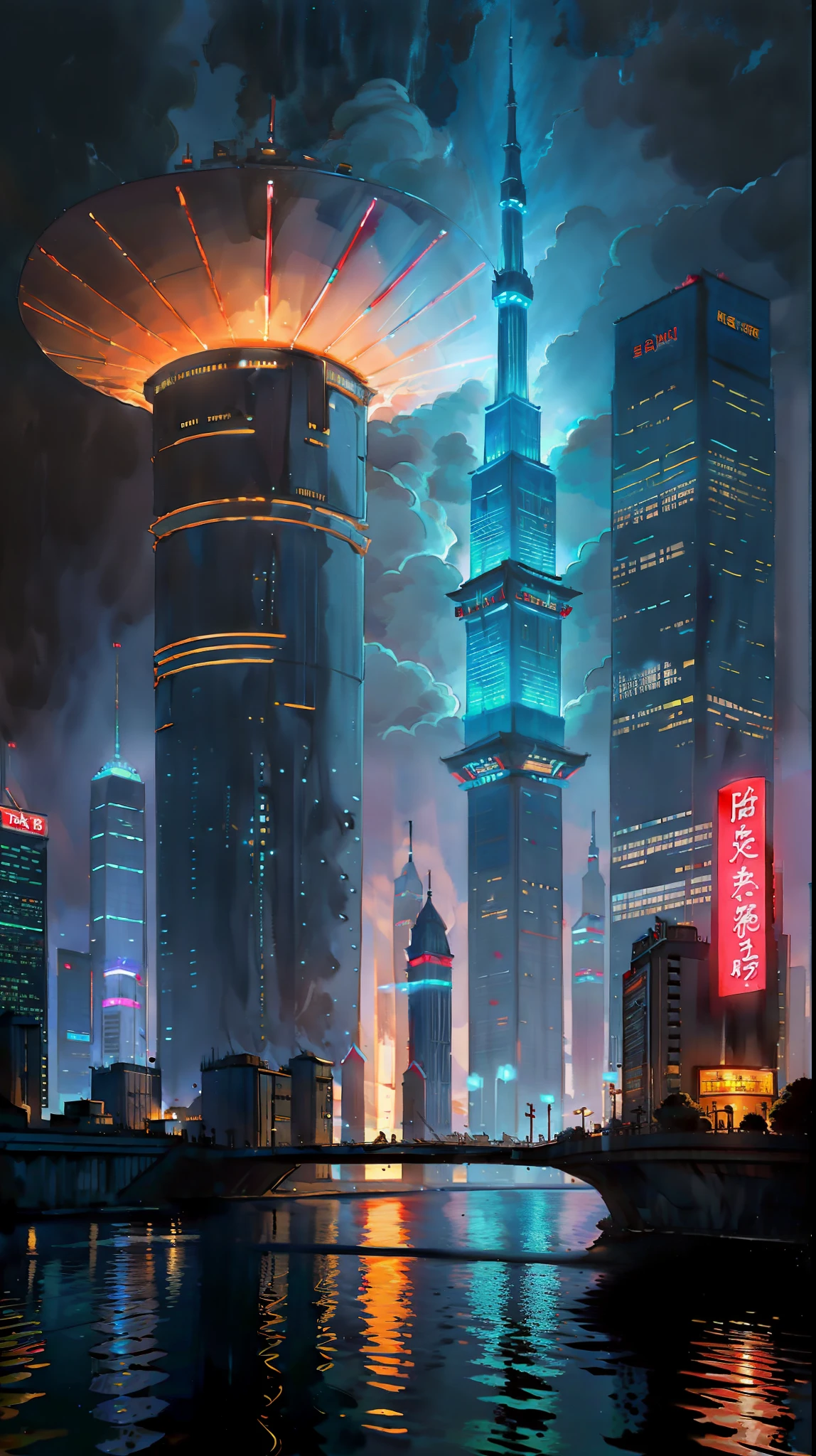 Sky, clouds, holding_weapon, no_humans, glow, robots, buildings