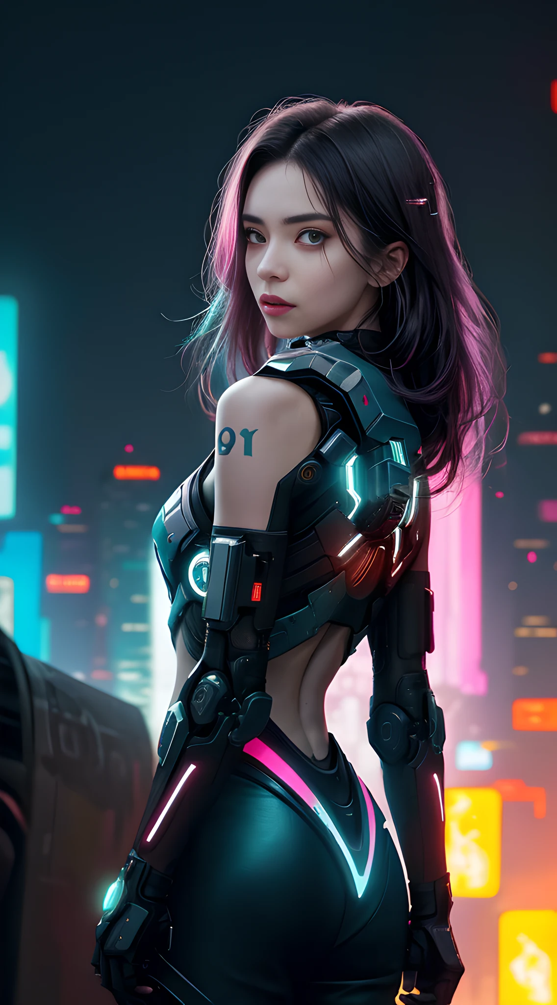 modelshoot style, 20yo cyberpunk woman in a futuristic cyberpunk city, intricate, sci-fi, futuristic, feminine face, detailed eyes, waist up, best quality masterpiece, realistic, detailed, 8k, HDR, shallow depth of field, wide light, high contrast, backlight, halo, flash, chromatic aberration, sharp focus, RAW color photo