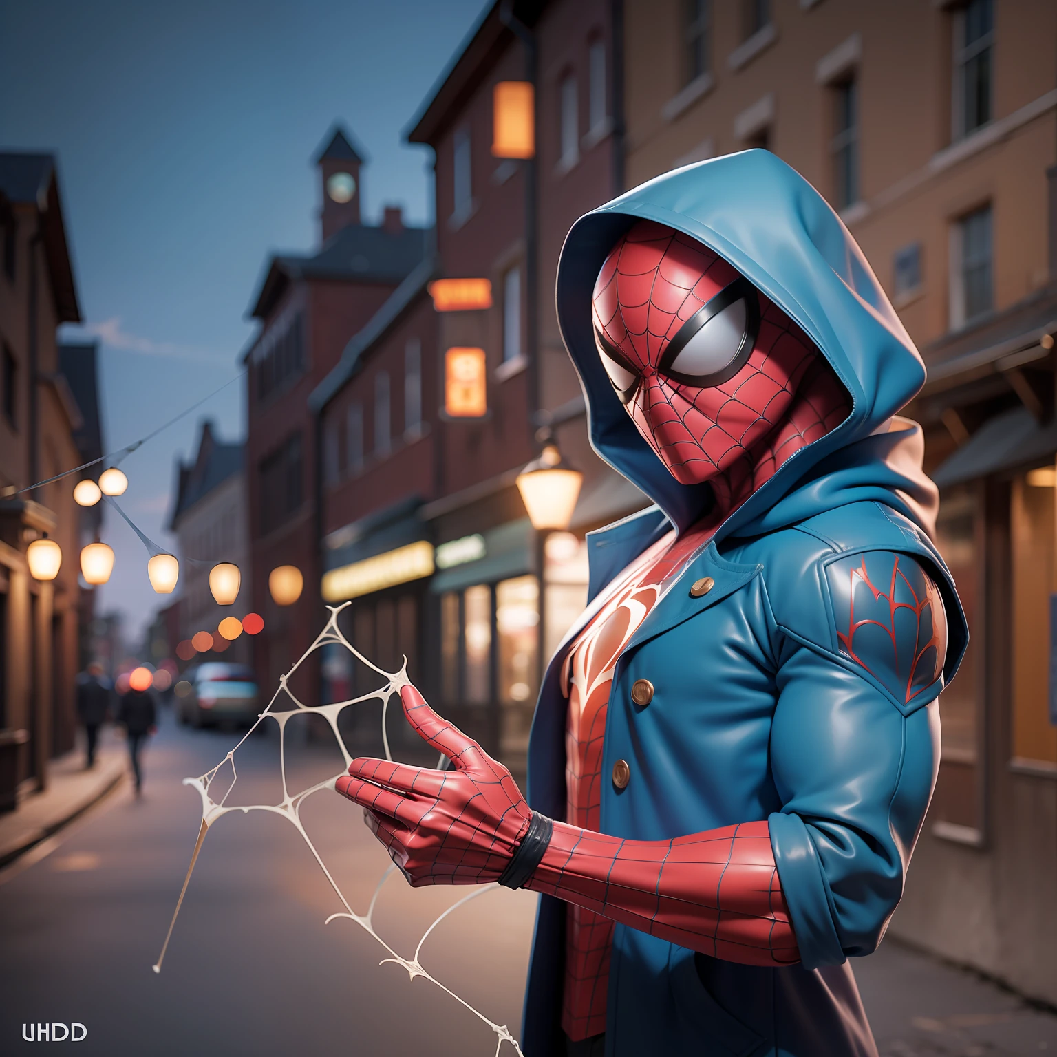 Marvel spiderman in blue coat, in a town late evening, loosening web, best quality, realistic, UHD, portrait