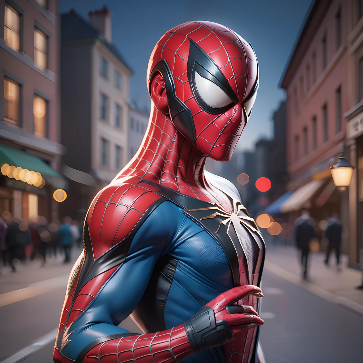 Marvel spiderman in blue coat, in a town late evening, loosening web, best quality, realistic, UHD, portrait