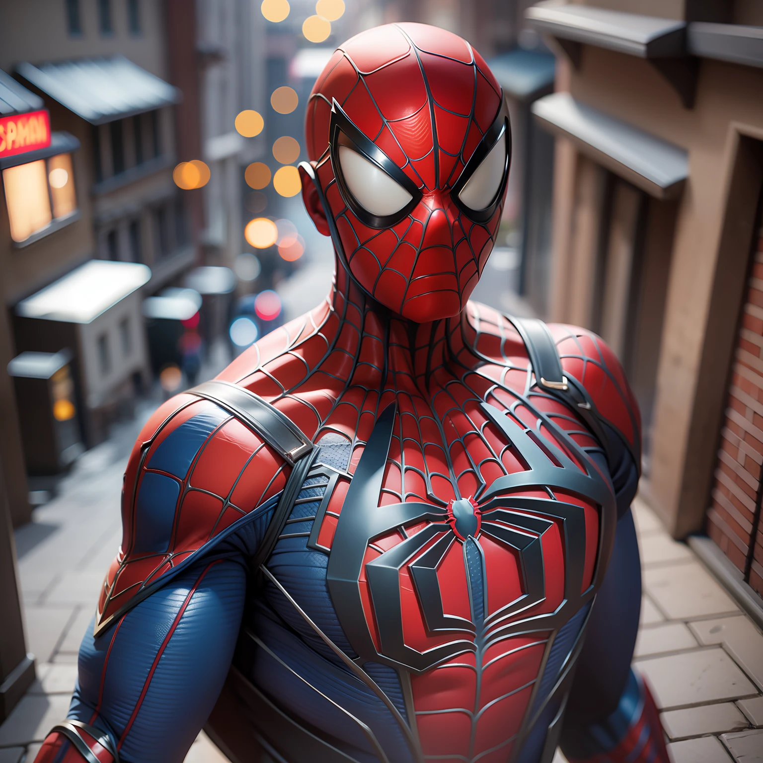 Marvel spiderman in blue coat, in a town late evening, loosening web, best quality, realistic, UHD, portrait