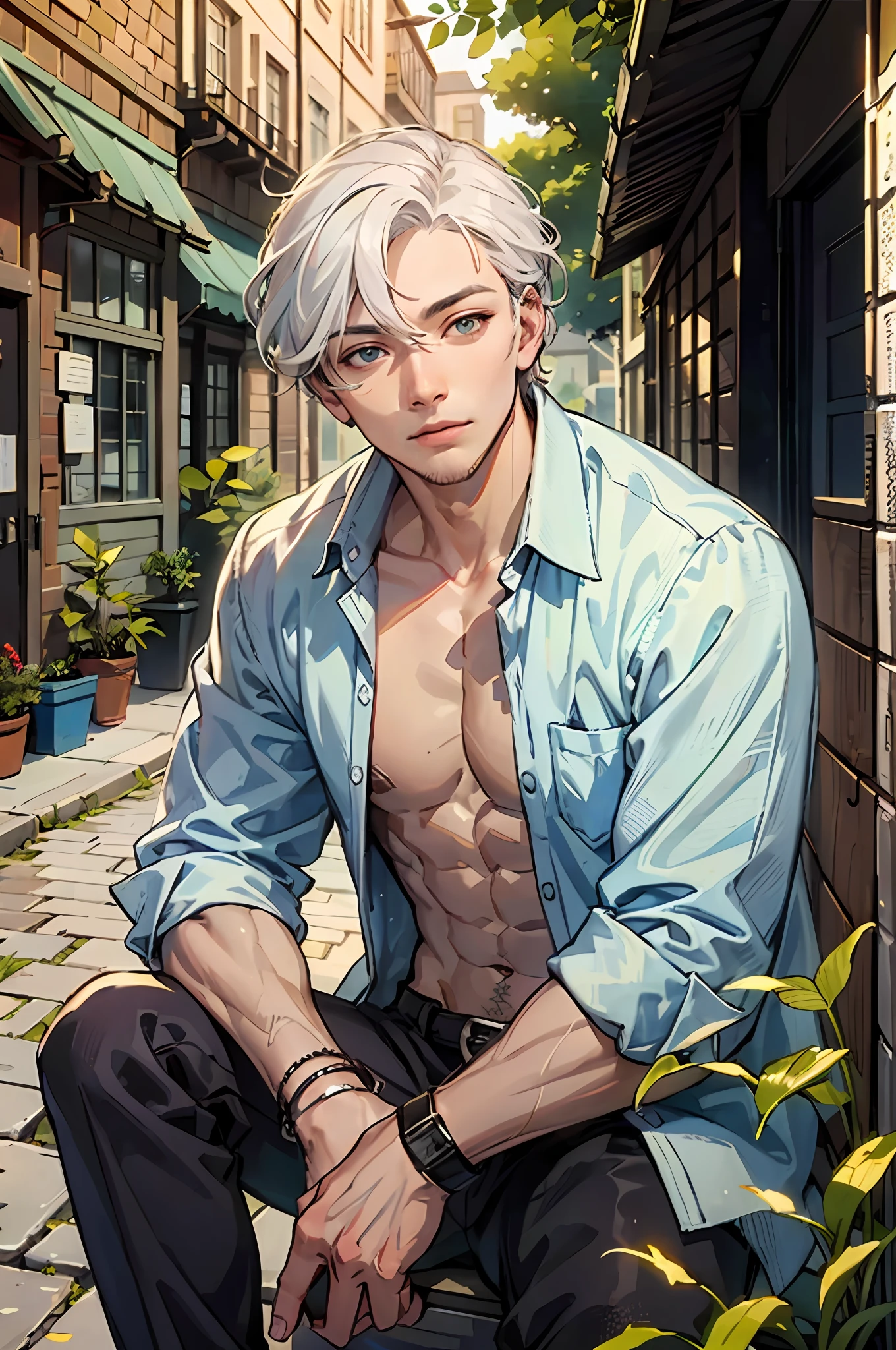 masterpiece, best quality, 1 male, adult, tall muscular, handsome, finely detailed eyes, intricate details, white hair, background is back alley, detasiled sunlight, sitting, Little cats are gathered next to him, dappled sunlight, day, depth of field, plants, summer