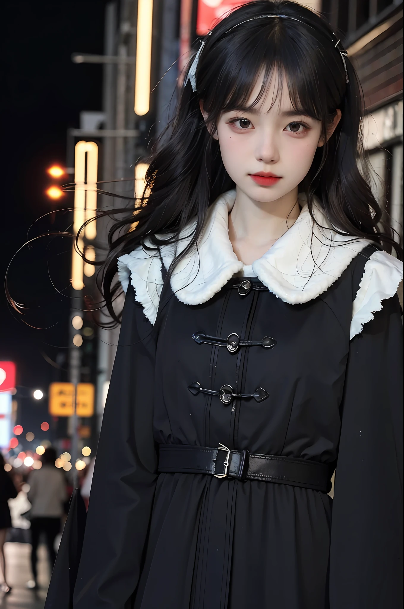 (8k, best quality, masterpiece: 1.2), (realistic, realistic, photorealistic: 1.37), 1 girl, hyper detail, beautiful detail eyes, beautiful detail nose, (((1girl)), Lolita dress, 7 minutes shot, sad, night, street, lights, hair fluttering in the wind, open lips, cold, melancholy