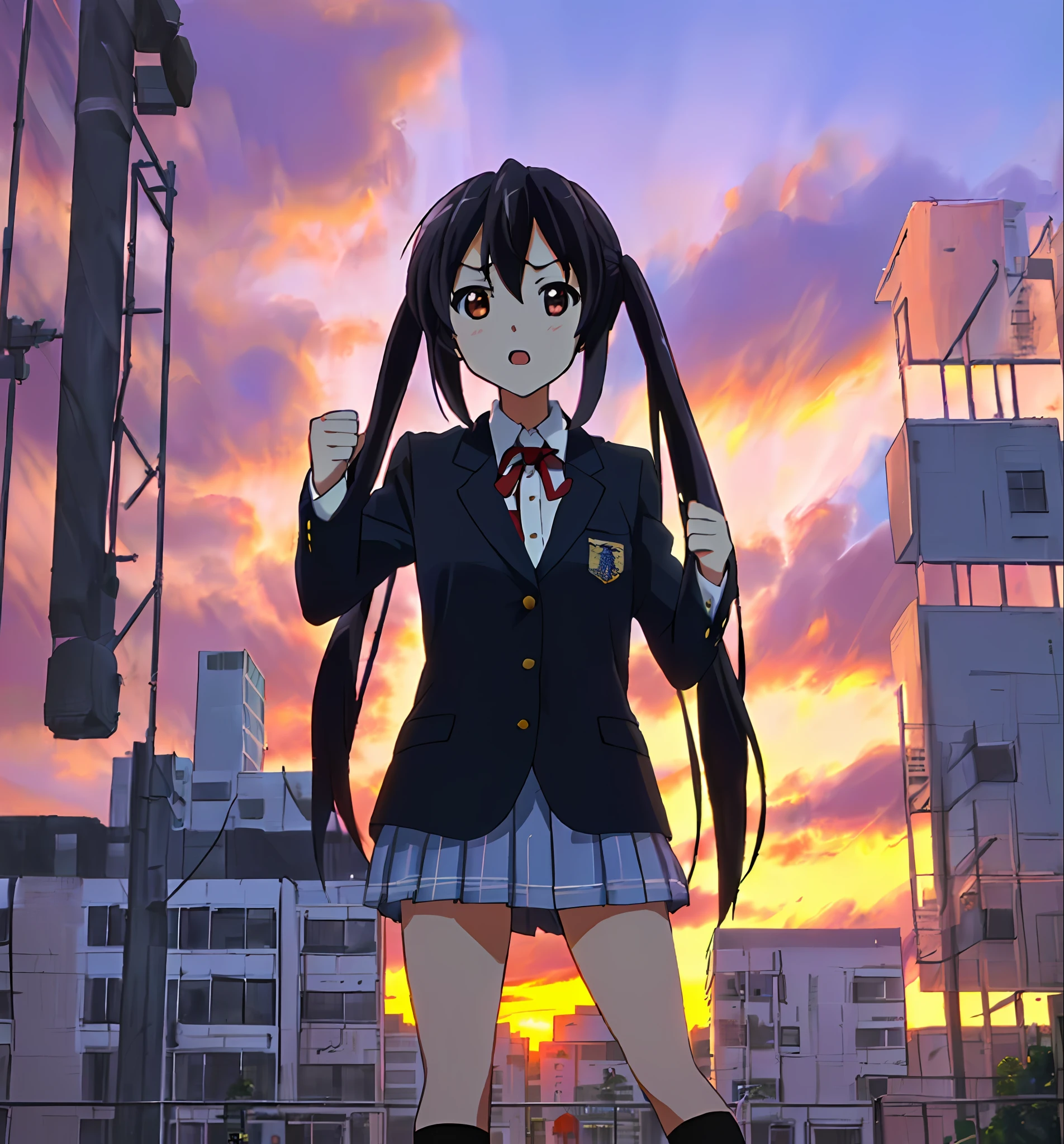 1girl, ((((Masterpiece))), Best Quality, Best Quality, High Detail, Azusa Nakano, 1girl, Sakuragaoka High School Uniform, Musical Instrument, School Uniform, Twin Tails, Long Hair, Black Hair, Brown Eyes, Solo, Red, Dark blue blazer with a thin ribbon of red, Solid white button shirt under blazer, Illustration, Cartoon, Soothing tones, Muted colors, Soft cinematic light, Adobe Lightroom, Photo Lab, HDR, complex and highly detailed, (((depth of field))))). (((Masterpiece))). (((highest quality))).) ((super detail))). (((Illustration))). (((fighting stance))).,((((Gigantic))).dynamic focus. (((skyscrapers))). (((Cityscape))). (((Despair Face))). open mouth. (((Sunset))). (((Sunset))). (((clench fists))). (((Proud))). (((small breasts))).