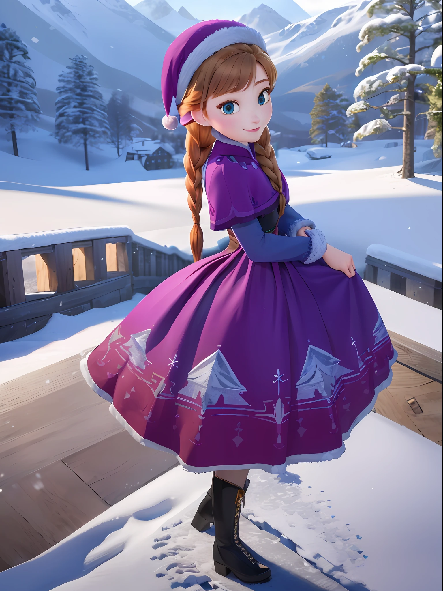 (masterpiece:1.4), (best qualit:1.4), (high resolution:1.4),
anna of arendelle, purple cap, twin braids, winter mountain outfit,
outdoos, ice, winter, snow, forest,
looking at viewer, smile,