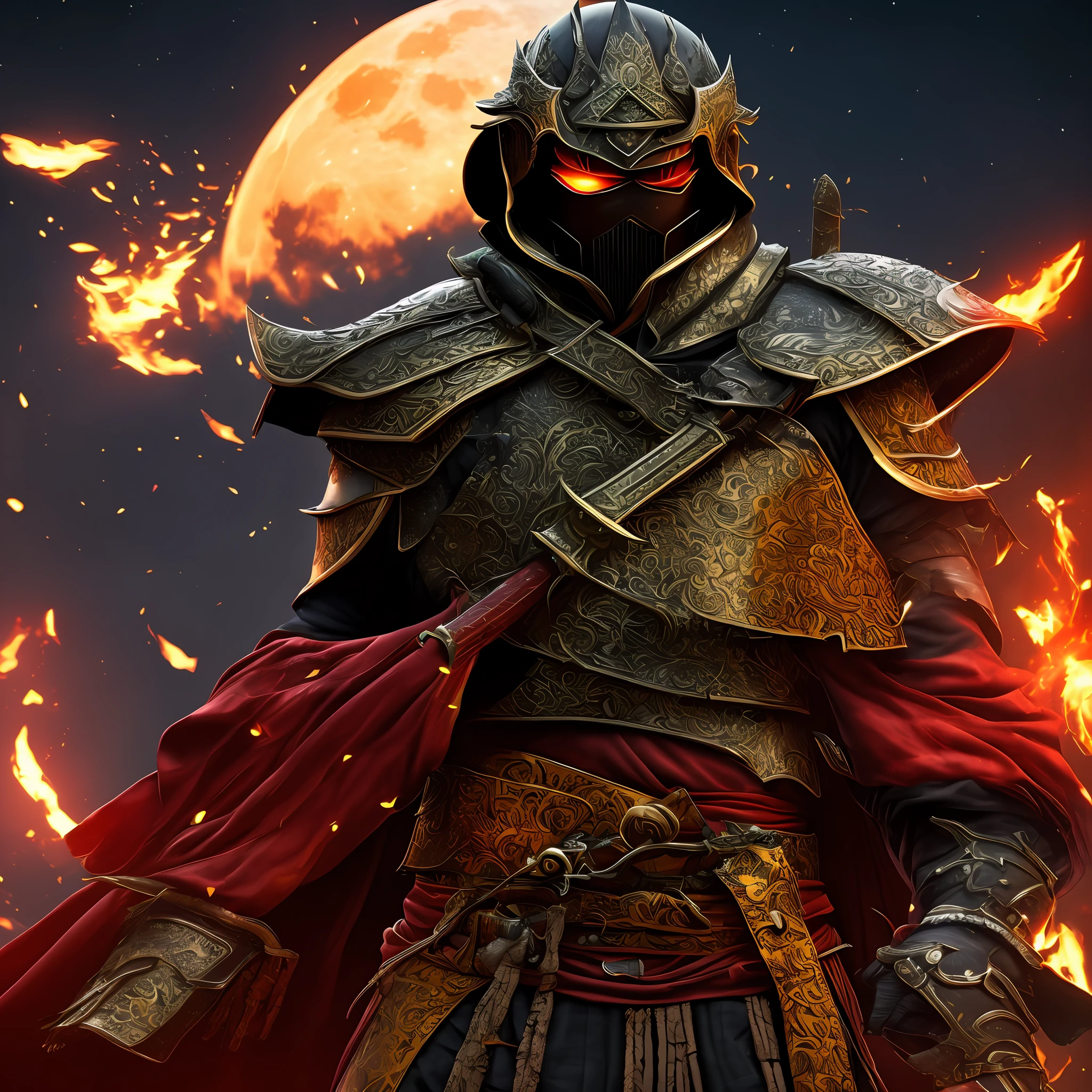 Three swords with a samurai. Red blade, steel armor and black. Night with red moon. 4k --auto
