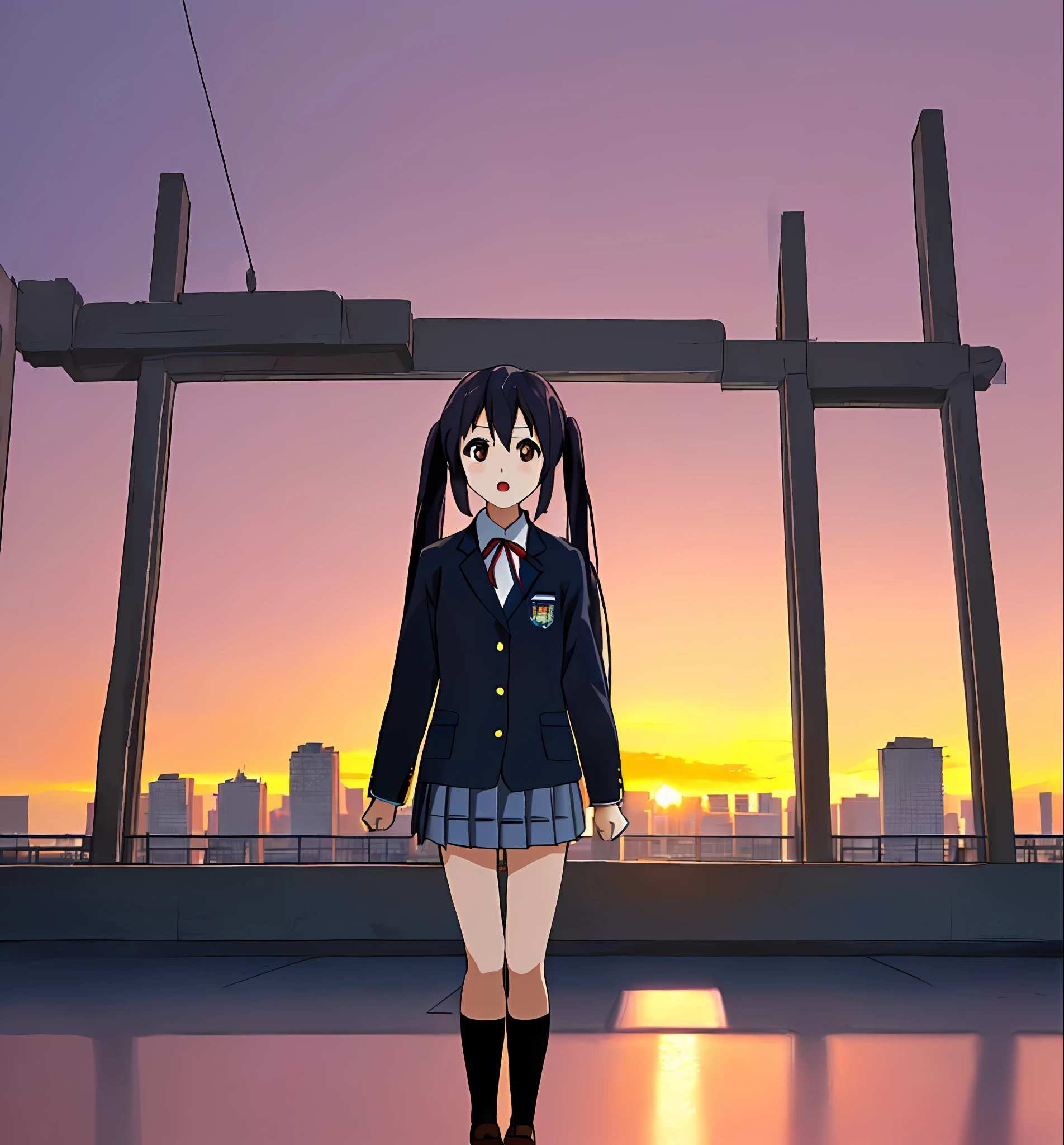 1girl, ((((Masterpiece))), Best Quality, Best Quality, High Detail, Azusa Nakano, 1girl, Sakuragaoka High School Uniform, Musical Instrument, School Uniform, Twin Tails, Long Hair, Black Hair, Brown Eyes, Solo, Red, Dark blue blazer with a thin ribbon of red, Solid white button shirt under blazer, Illustration, Cartoon, Soothing tones, Muted colors, Soft cinematic light, Adobe Lightroom, Photo Lab, HDR, complex and highly detailed, (((depth of field))))). (((Masterpiece))). (((highest quality))).) ((super detail))). (((Illustration))). (((fighting stance))).,((((Gigantic))).dynamic focus. (((skyscrapers))). (((Cityscape))). (((Despair Face))). open mouth. (((Sunset))). (((Sunset))). (((clench fists))). (((Proud))). (((small breasts))).