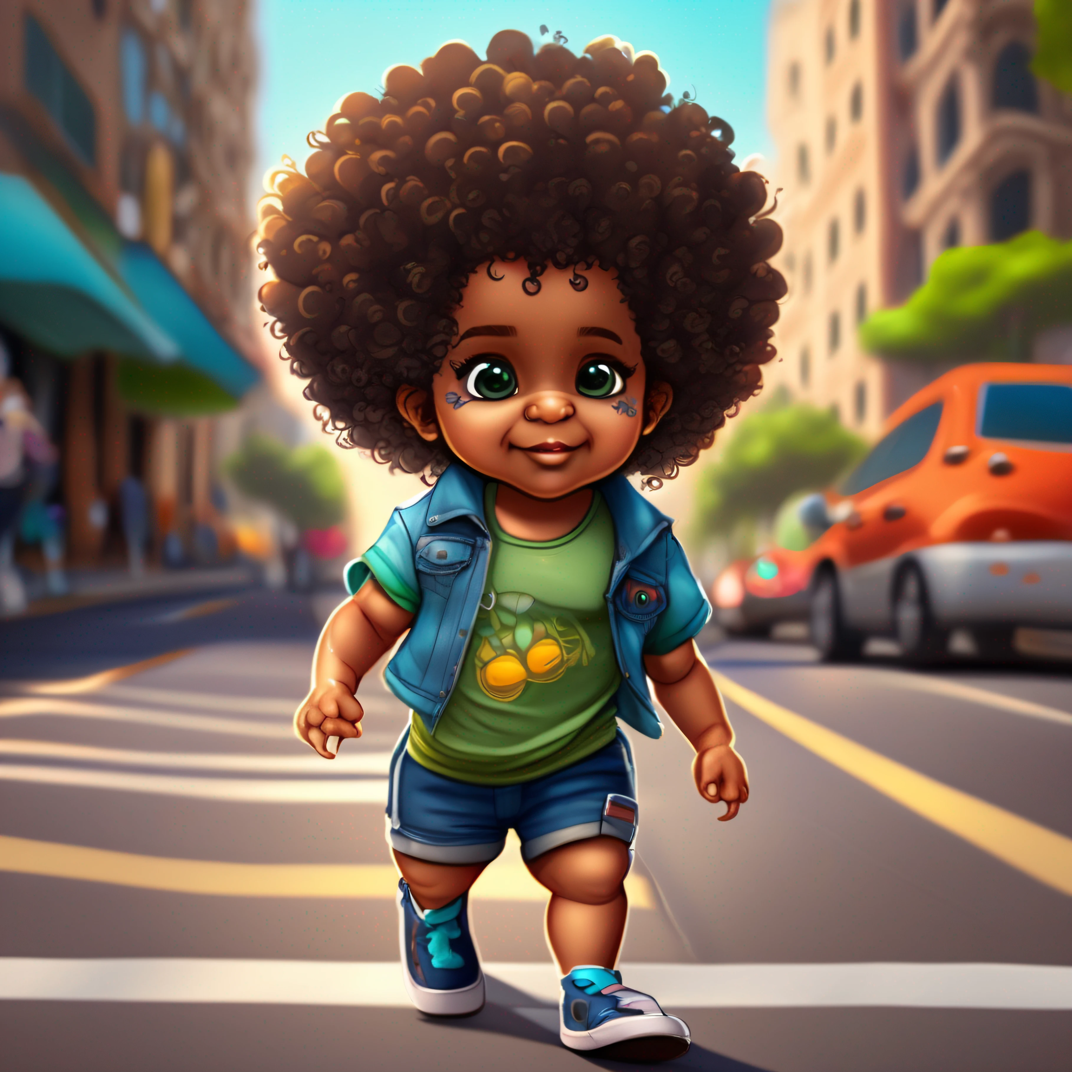 chibi Clean, high-quality photo of a 9--old a baby pelrena escura walking on a city street. {olhos castanhos levementes cintilantes}Chibi The photo has a vibrant Pixar-style with curly hair and a resolution of 8k. The baby is wearsummer clothes, specifically a T-shirt and jeans."