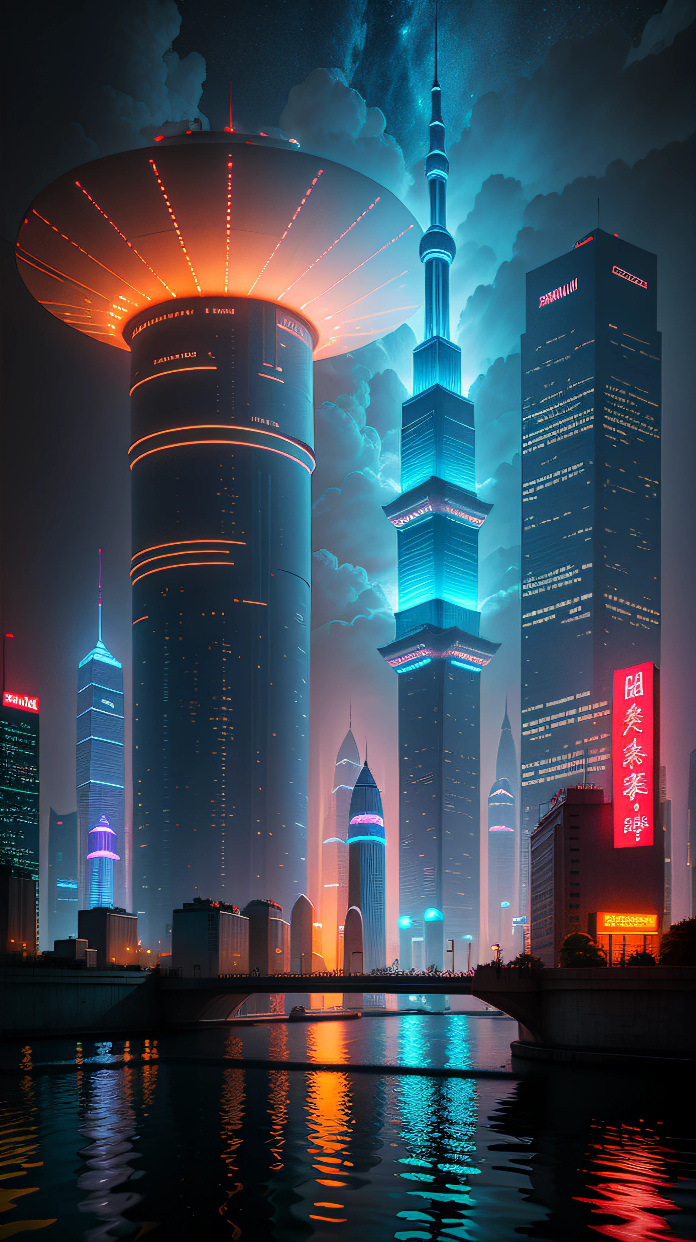 Sky, clouds, holding_weapon, no_humans, glow, robots, buildings