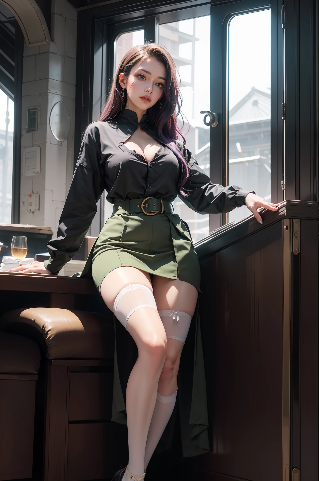 1 girl, beautiful face, seductive expression, long purple hair, flowing flowing, qi bangs, blue pupils, red face, slightly open lips, white tight hip skirt (black and green lines on both sides of the skirt), black tunic belt, black stockings (length to upper knee), white booties (wrapped around the ankles), sitting with legs up, graceful sitting position, full body, front view, detailed clothing details, dynamic angle, terminal harem, realistic, edge lighting, masterpiece 8k UHD, DSLR, high quality, high resolution, 8k, bokeh, absurd, gorgeous background, sci-fi background, futuristic background, detailed background detail, masterpiece, high quality,