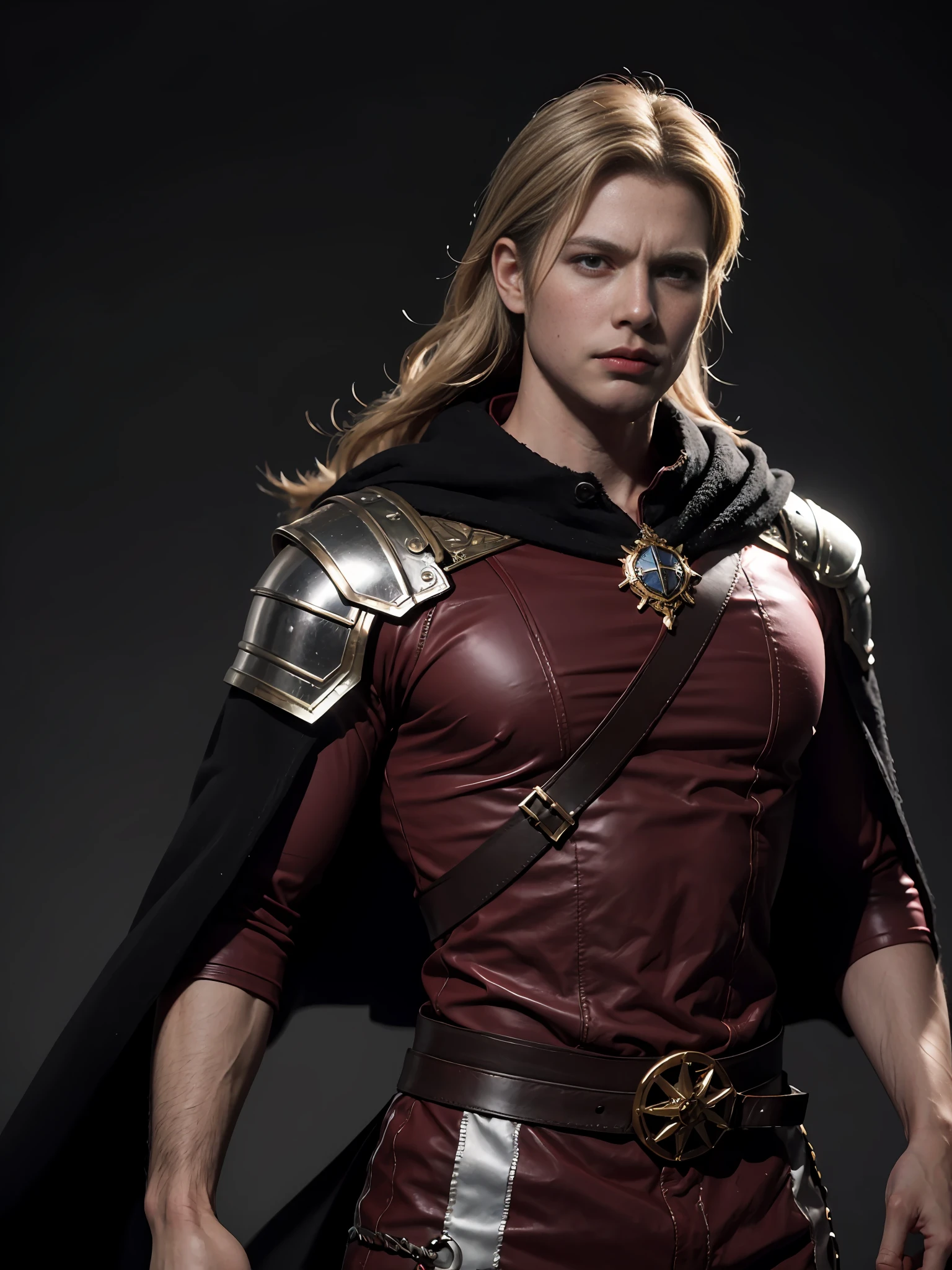 1man, solo, male viking warrior with red helmet and cape, long black hair, angry, extremely handsome young man, silver hour, photorealistic, high contrast, 8k HD, detailed, hyper-detailed, realistic skin texture, blonde hair, huge chest, neckline, best quality, ultra high res, raw photo, dramatic lighting, unreal engine, intricate diffuse glow and silver tab, black cape, battlefield, Standing