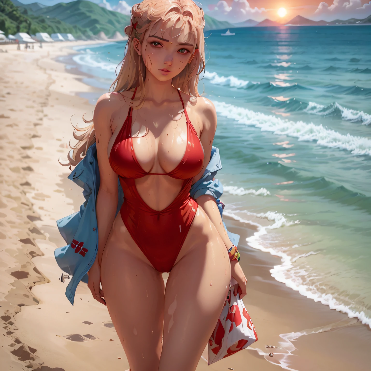 Baywatch, young blonde, 20 years old, breasts:1.2, red one-piece swimsuit, thin eyes and pale blue, beach, wet: 1.5, back, beautiful Caucasian girl on beach, sunset, red sunset sky, full body