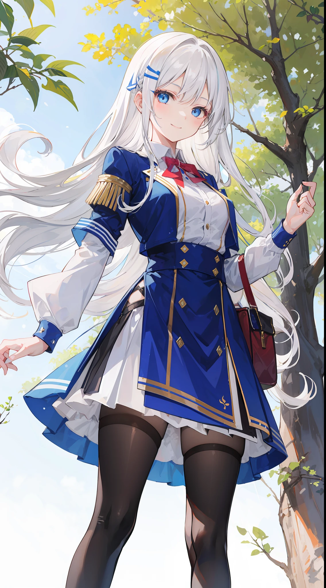 Creat a girl with flowing variant white hair and striking sharp blue eyes, she was wearing a fantasy high school uniform and had a warm smile on her face under tree