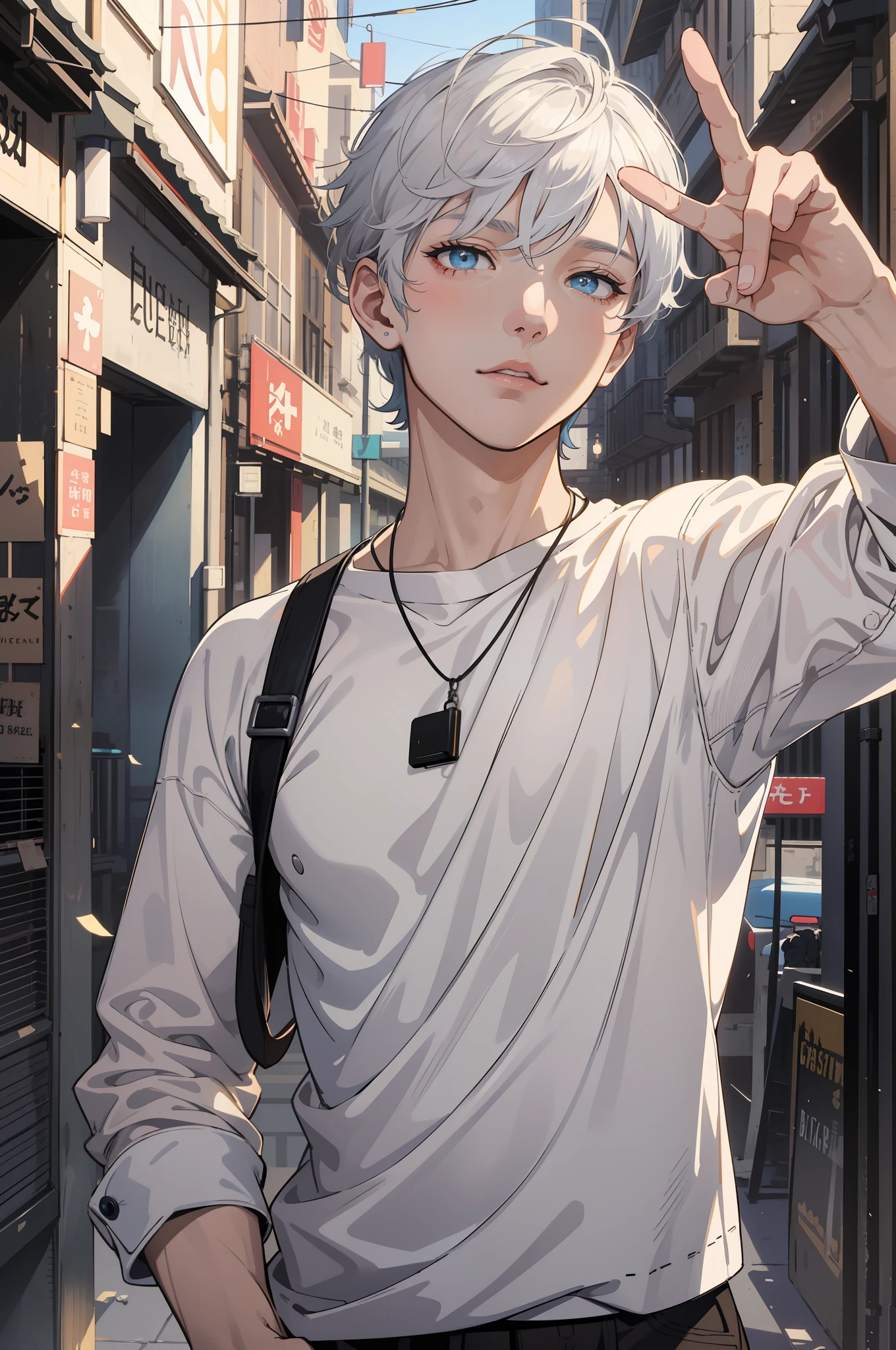 anime guy with white hair and blue eyes standing in a narrow alley, artwork in the style of guweiz, young anime man, male anime style, tall anime guy with blue eyes, digital anime illustration, handsome anime pose, anime art wallpaper 8 k, anime style 4 k, guweiz on pixiv artstation, guweiz on artstation pixiv