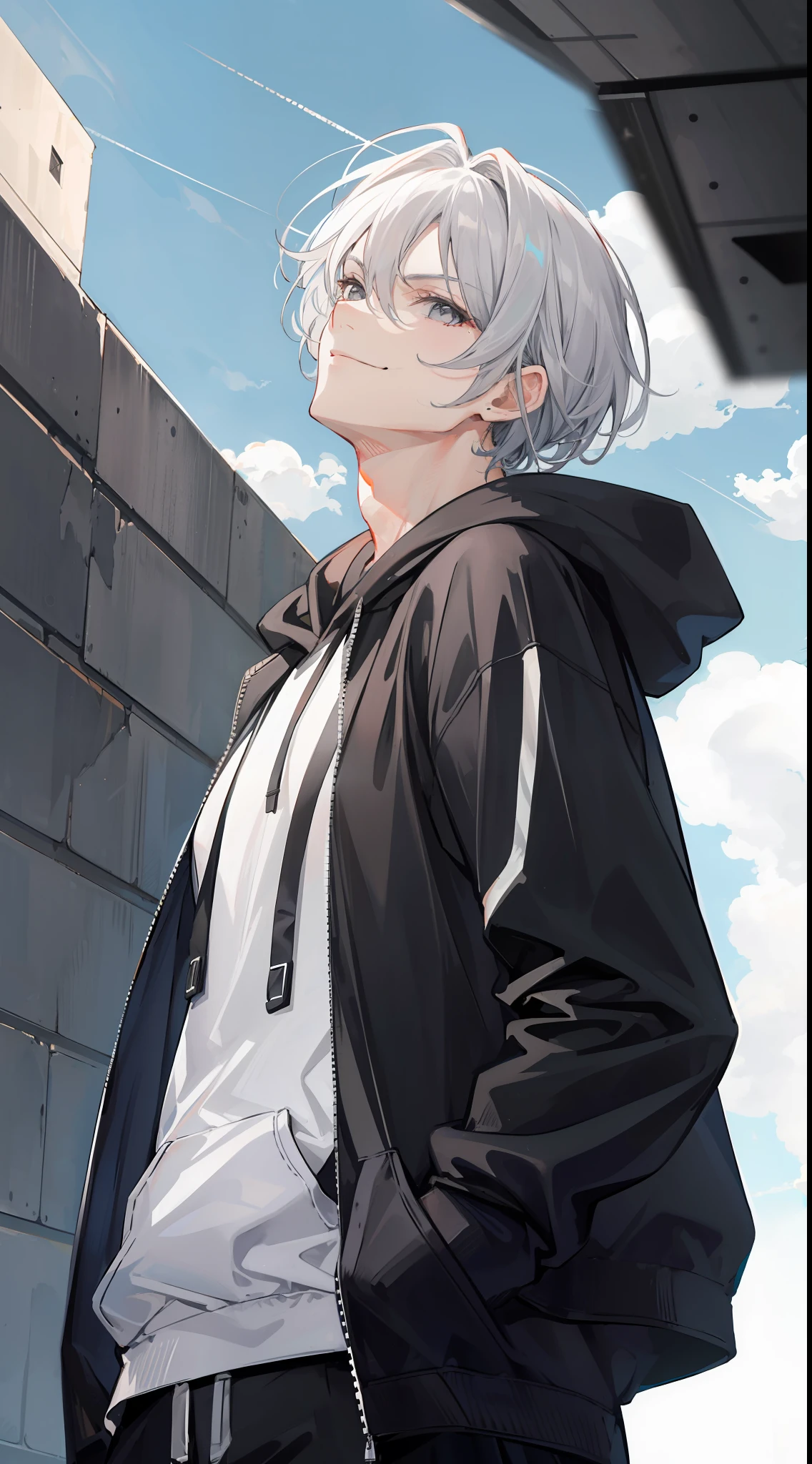 1man, wearing a black hoodie, gray eyes, stylish modern gray hair, looking up at the sky, badass, glare, sly smile, slightly stocky body