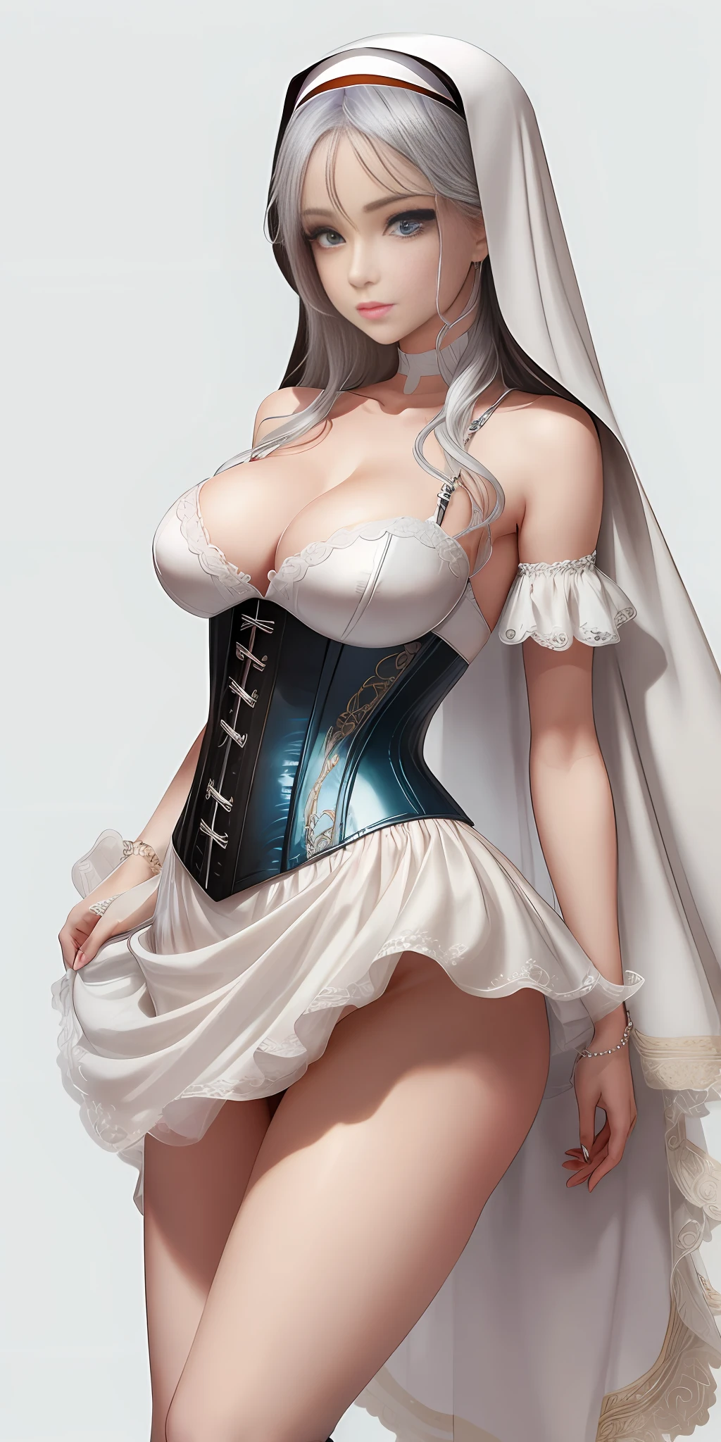 [White: Aqua Blue: 0.65] theme, masterpiece, mature masterpiece, detailed visual art, blue eyes, silver hair, long hair, collarbone, queen, mature, elegant, gorgeous nun dress, corset piercing, detailed layered skirt, [detailed frills: 0.1], [frilled dress: 0.1], embroidery, [detail skirt: 0.1], open shoulders, bare, big breasts: 1.3, open crotch, thigh seams, groin, no panties, high heeled over-the-knee boots, [NSFW|uncensored], (Simple background: 1.1), low wing, full body