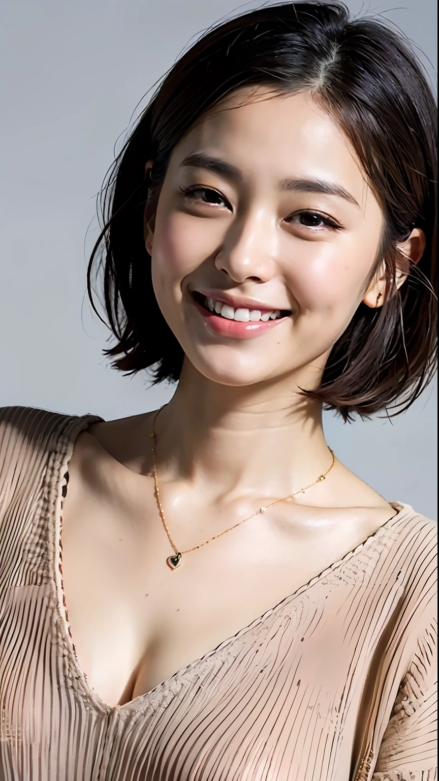 (Best quality, 8k, 32k, Masterpiece, UHD:1.2),Photo of Pretty Japanese woman, large breasts, very short bob hair,upper body,(oversized_sweater,:1.1) necklace, simple background, looking at around, smile