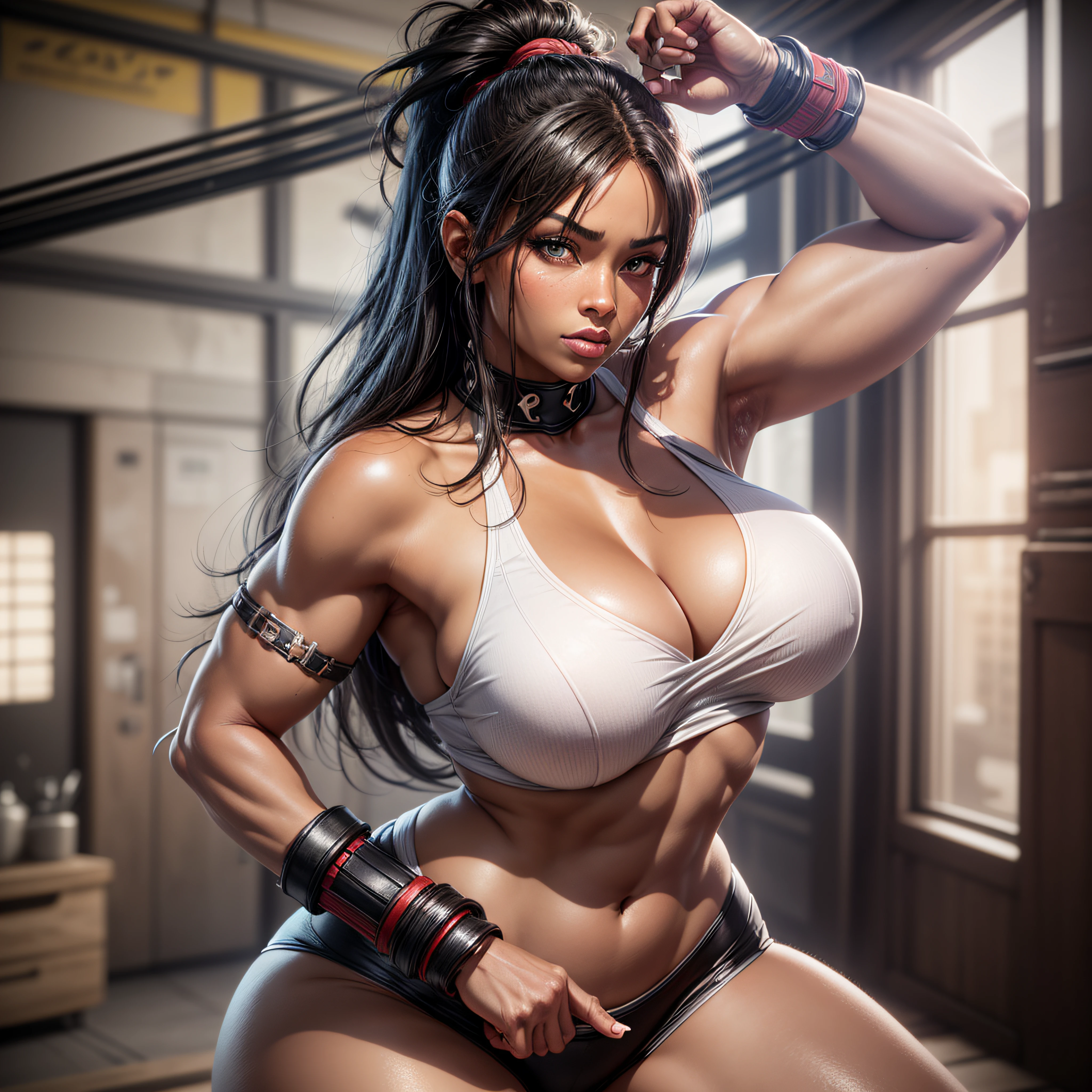 A black American woman with fabulous curves, with naturally formed and secure breasts, for a more voluptuous and attractive bust, thick thighs, effecting a shouryuken of ryu from street fighter 2, 3d render in 8k, best quality, masterpiece, nikon, realistic light and shadows, 8k, ray tracing, NVIDIA, unreal engine 5