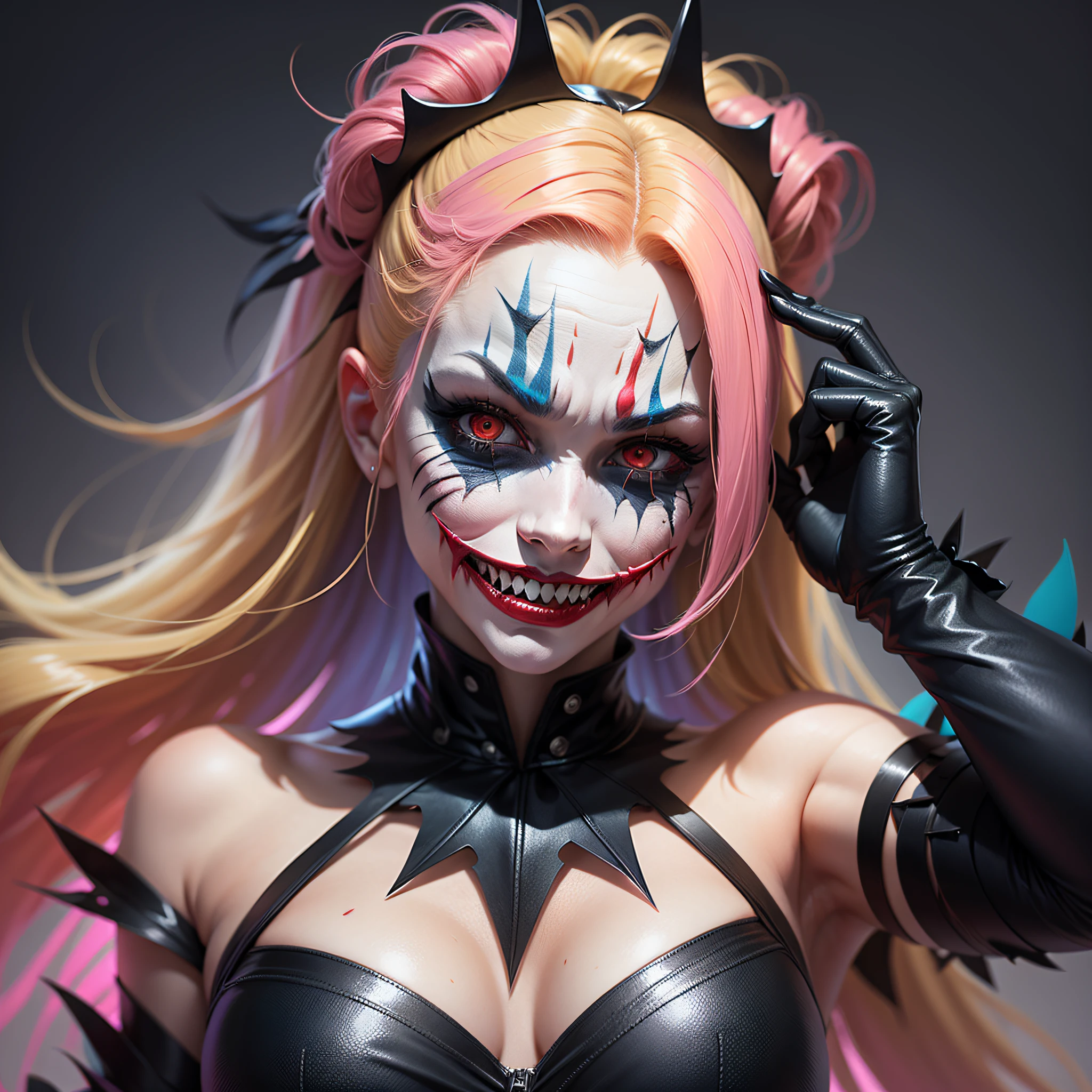Dark joker woman, sorting sharp teeth, red eyes black outfit, blonde hair with pink and blue tips